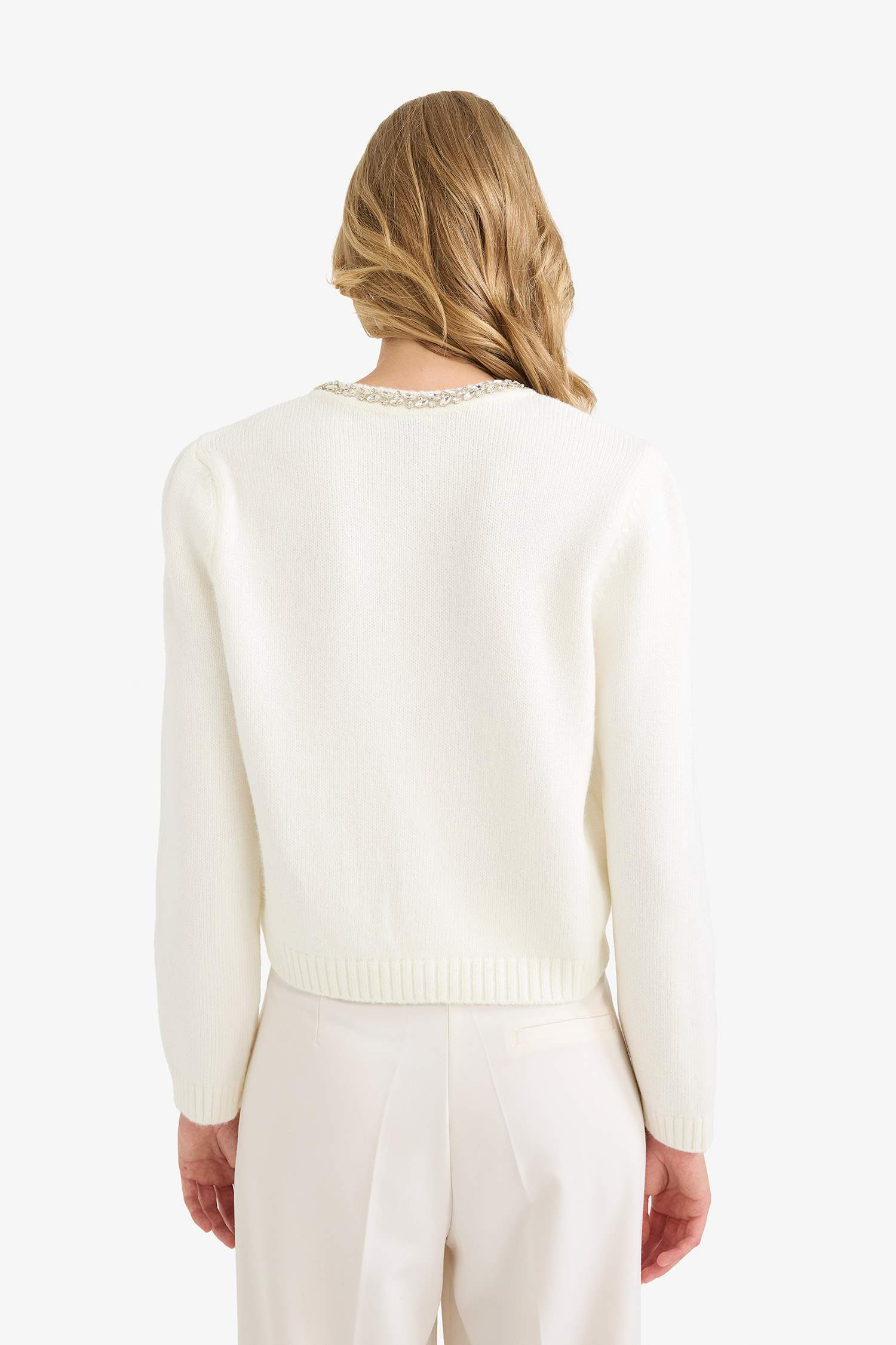 Regular Fit Bisiklet Yaka İşlemeli Triko Hırka