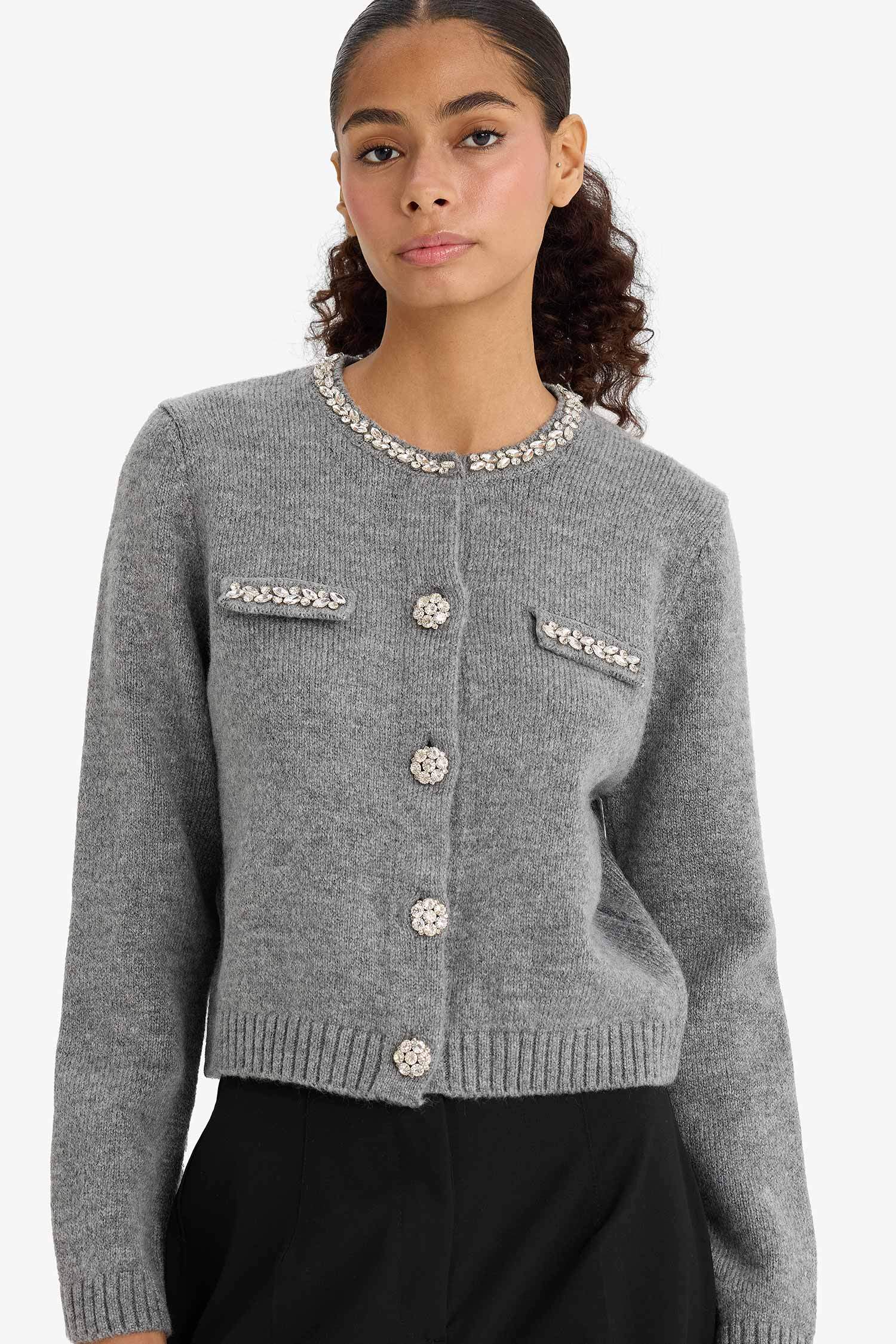 Regular Fit Bisiklet Yaka İşlemeli Triko Hırka