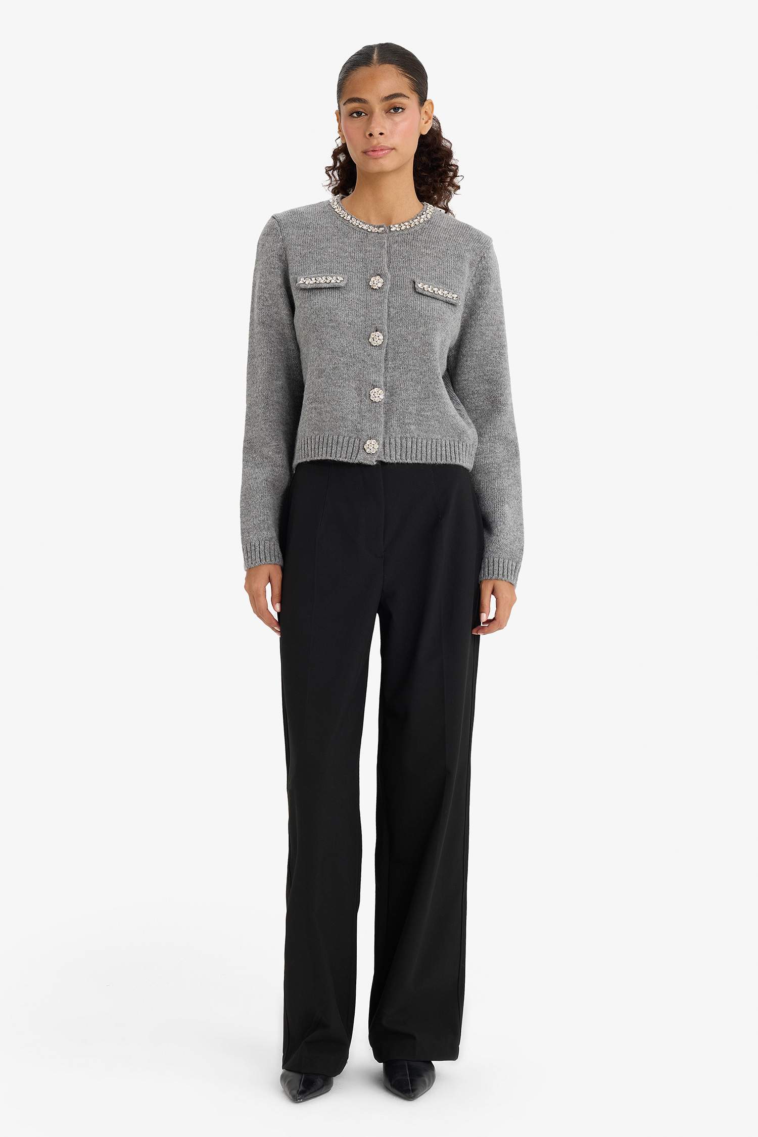 Regular Fit Bisiklet Yaka İşlemeli Triko Hırka