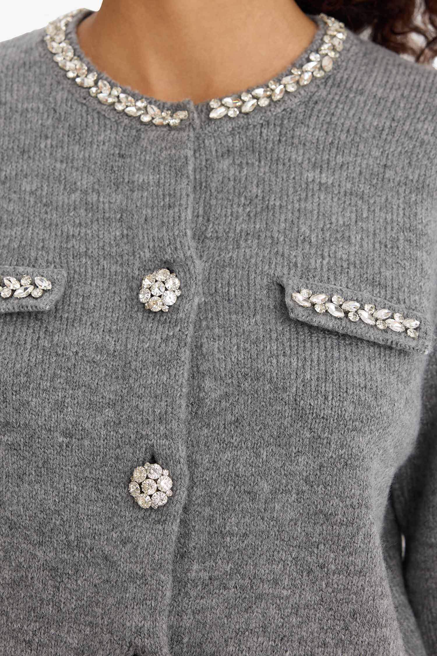 Regular Fit Bisiklet Yaka İşlemeli Triko Hırka