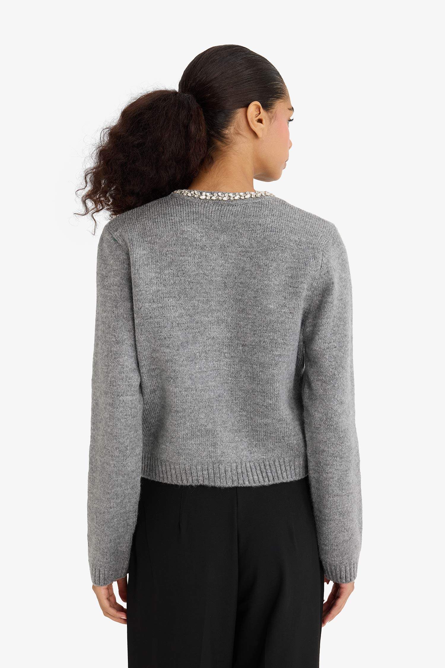 Regular Fit Bisiklet Yaka İşlemeli Triko Hırka