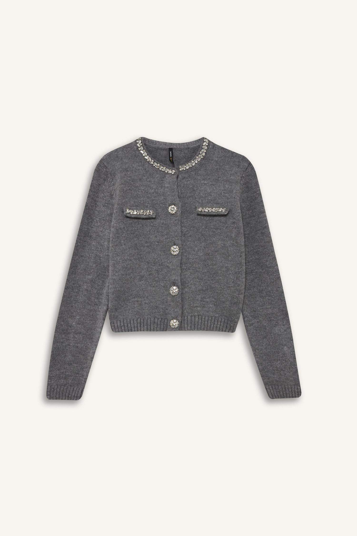 Regular Fit Bisiklet Yaka İşlemeli Triko Hırka