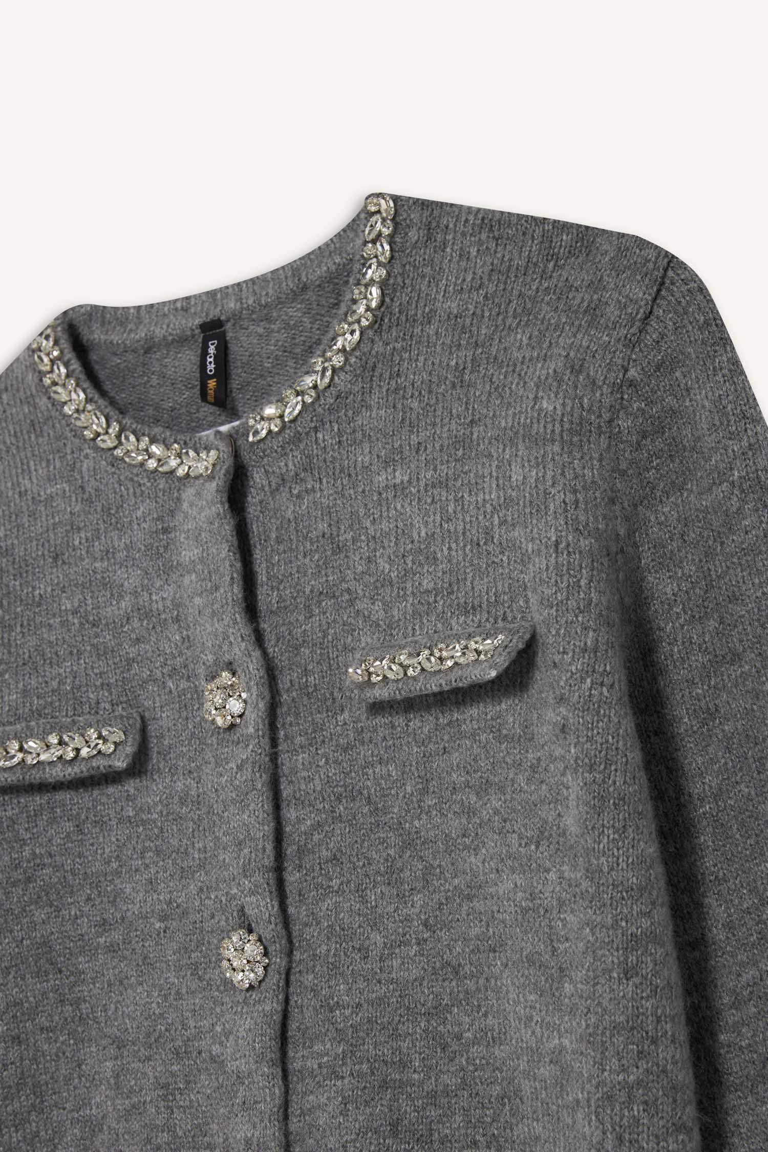 Regular Fit Bisiklet Yaka İşlemeli Triko Hırka