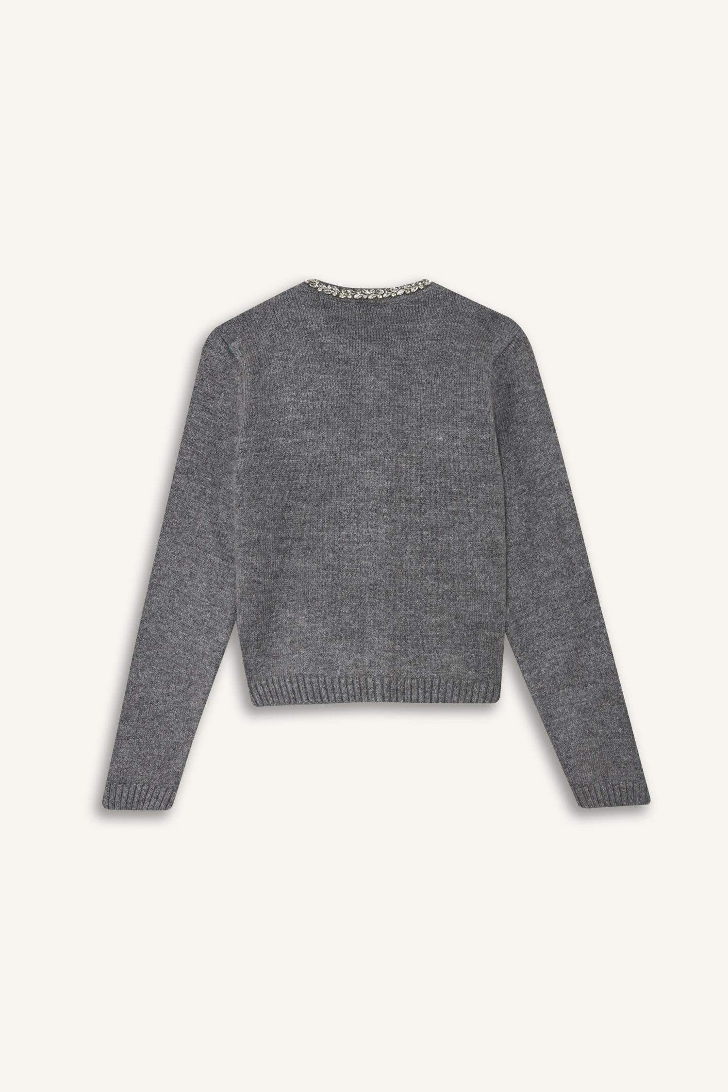 Regular Fit Bisiklet Yaka İşlemeli Triko Hırka