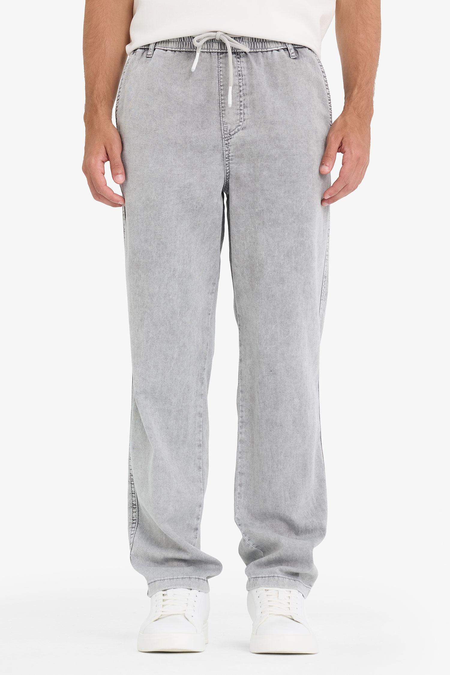 Wide Leg Beli Bağcıklı Lastikli Geniş Paça Jean Kar Yıkamalı Pantolon