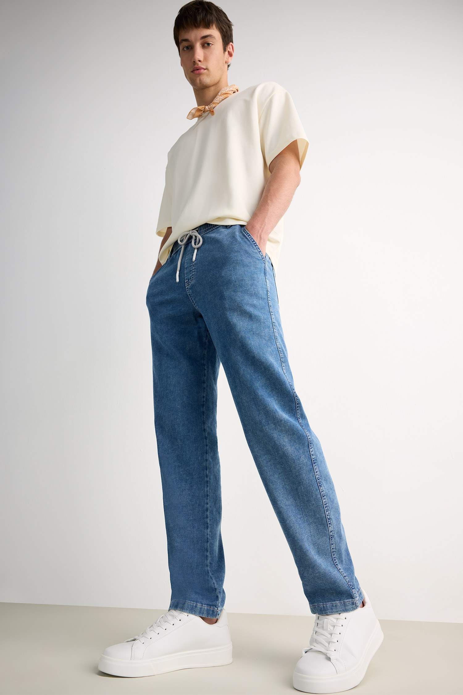 Yazlık Wide Leg Geniş Kalıp Beli Lastikli Geniş Paça Jean Kar Yıkamalı Pantolon