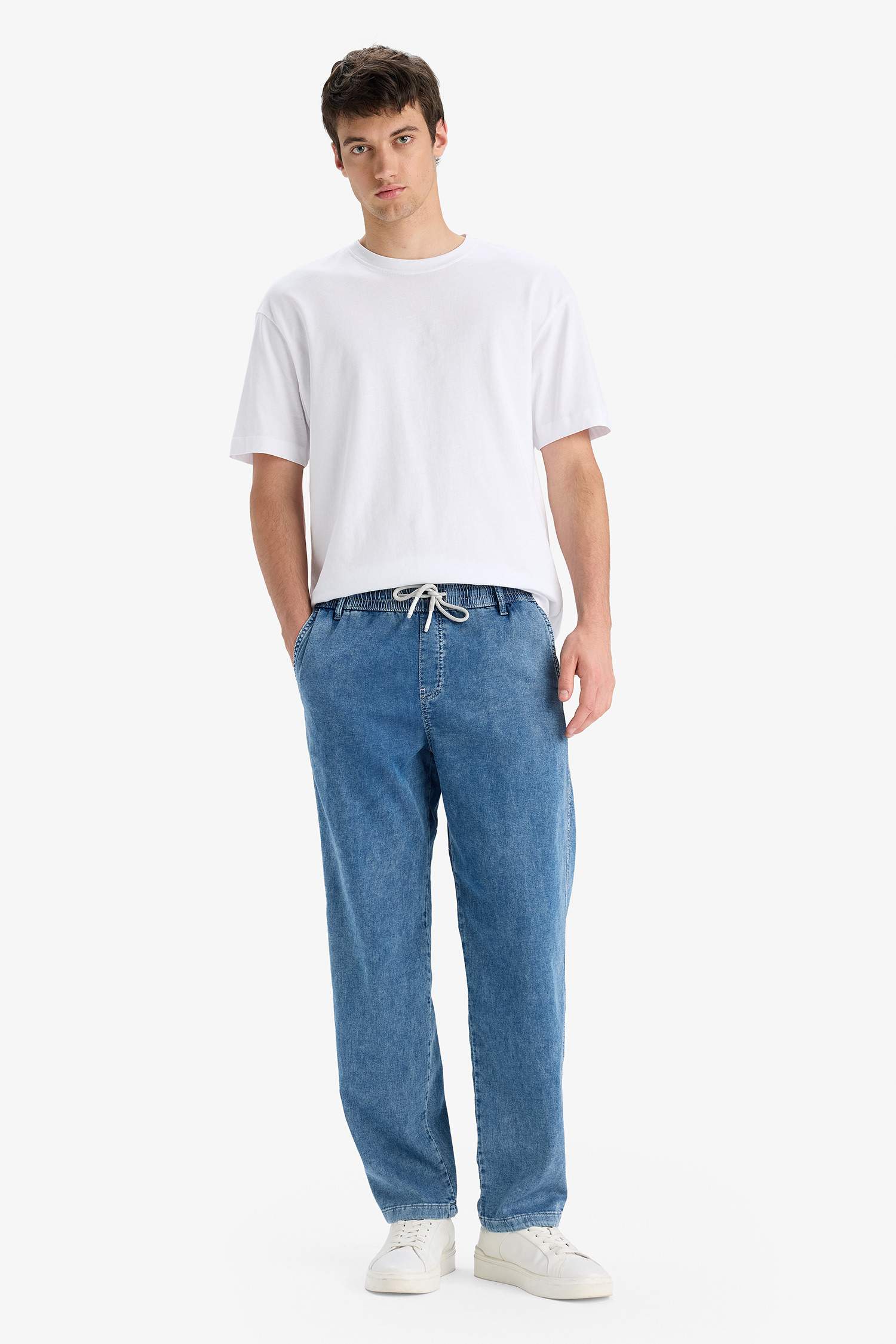 Yazlık Wide Leg Geniş Kalıp Beli Lastikli Geniş Paça Jean Kar Yıkamalı Pantolon