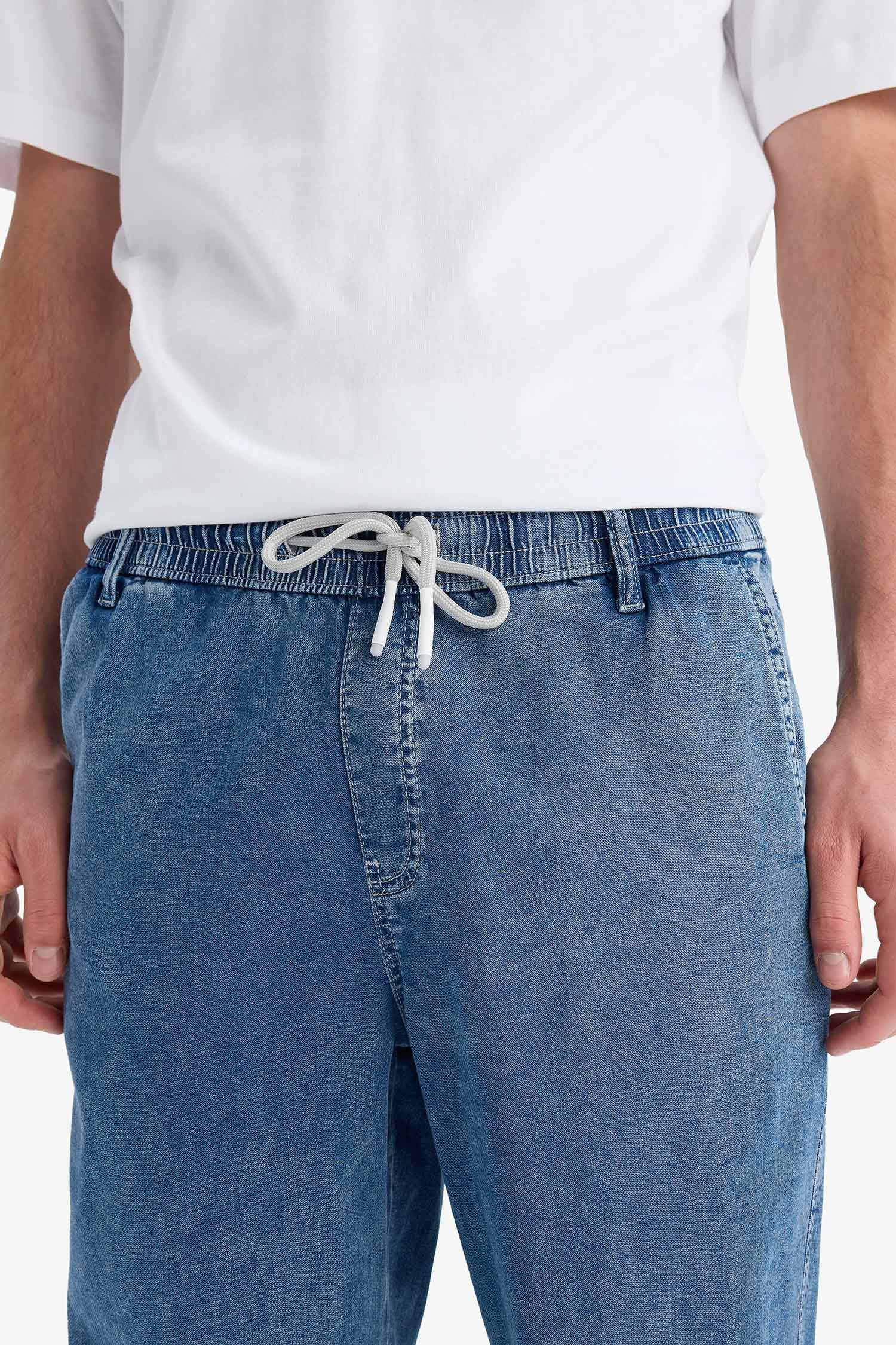 Yazlık Wide Leg Geniş Kalıp Beli Lastikli Geniş Paça Jean Kar Yıkamalı Pantolon