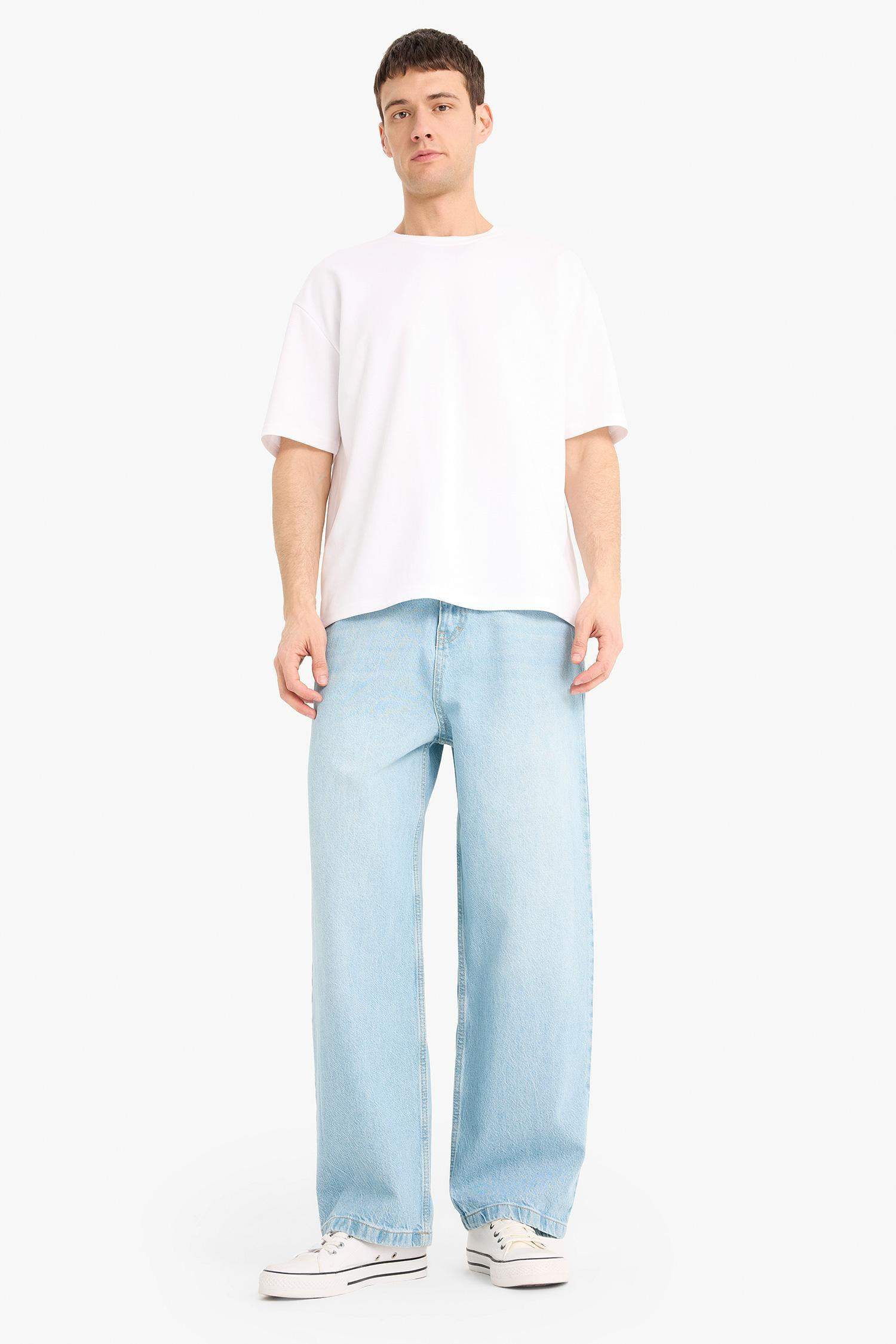 %100 Pamuk Skater Fit Geniş Kalıp Yüksek Bel Geniş Paça Jean Pantolon