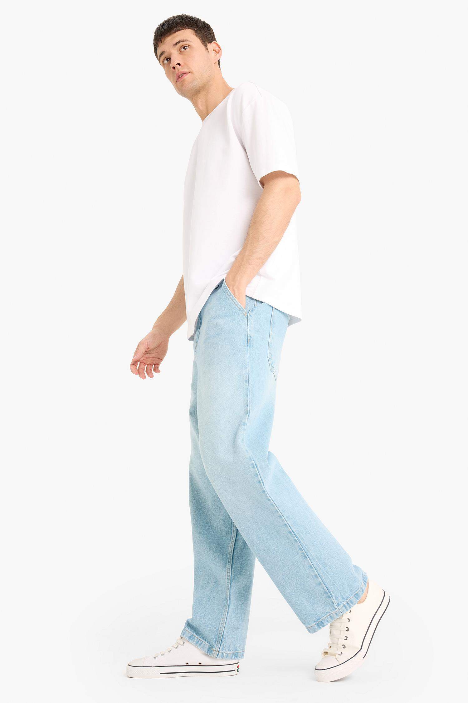 %100 Pamuk Skater Fit Geniş Kalıp Yüksek Bel Geniş Paça Jean Pantolon