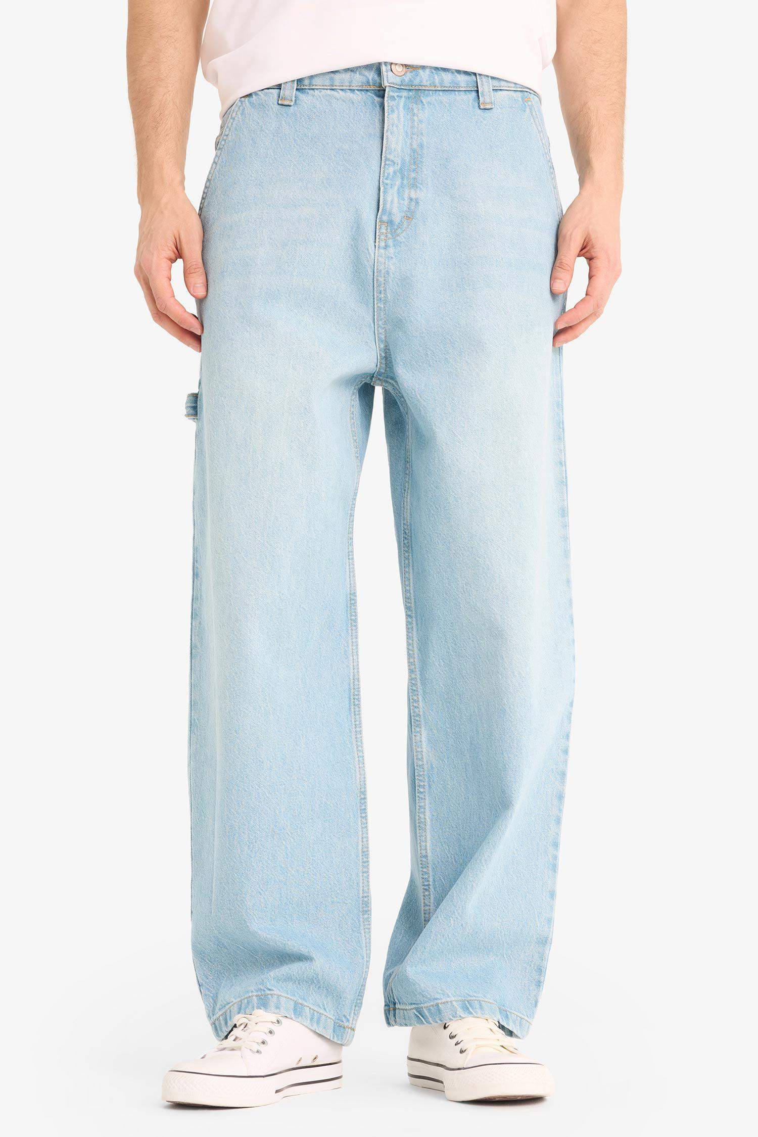 %100 Pamuk Skater Fit Geniş Kalıp Yüksek Bel Geniş Paça Jean Pantolon