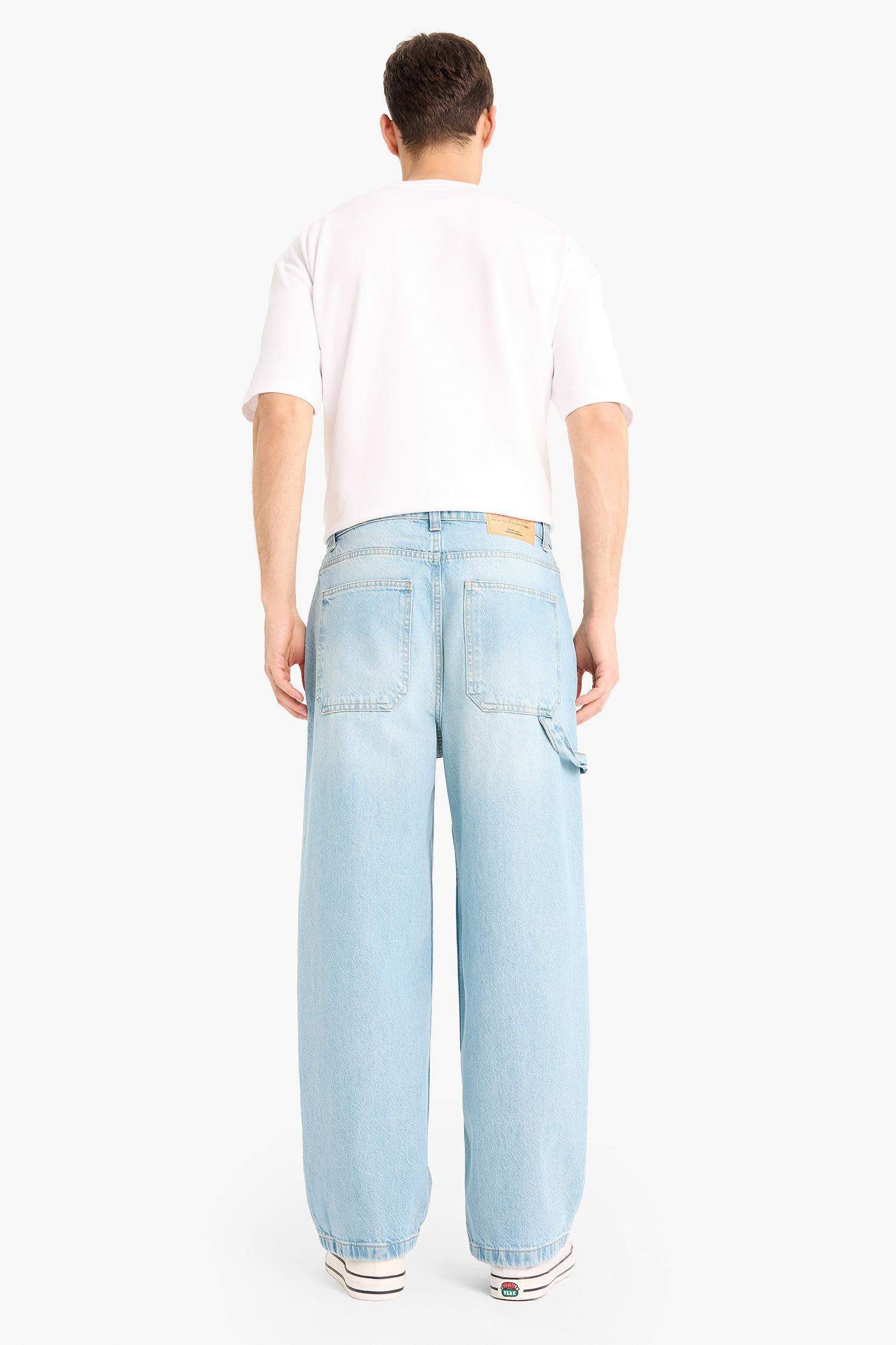 %100 Pamuk Skater Fit Geniş Kalıp Yüksek Bel Geniş Paça Jean Pantolon