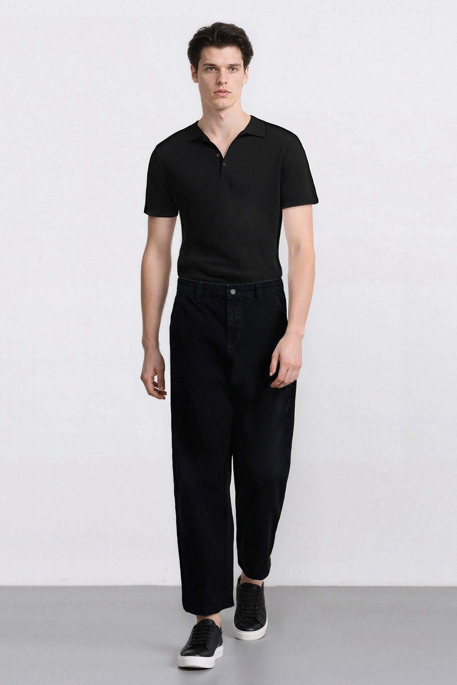 %100 Pamuk Skater Fit Geniş Kalıp Yüksek Bel Geniş Paça Siyah Jean Pantolon