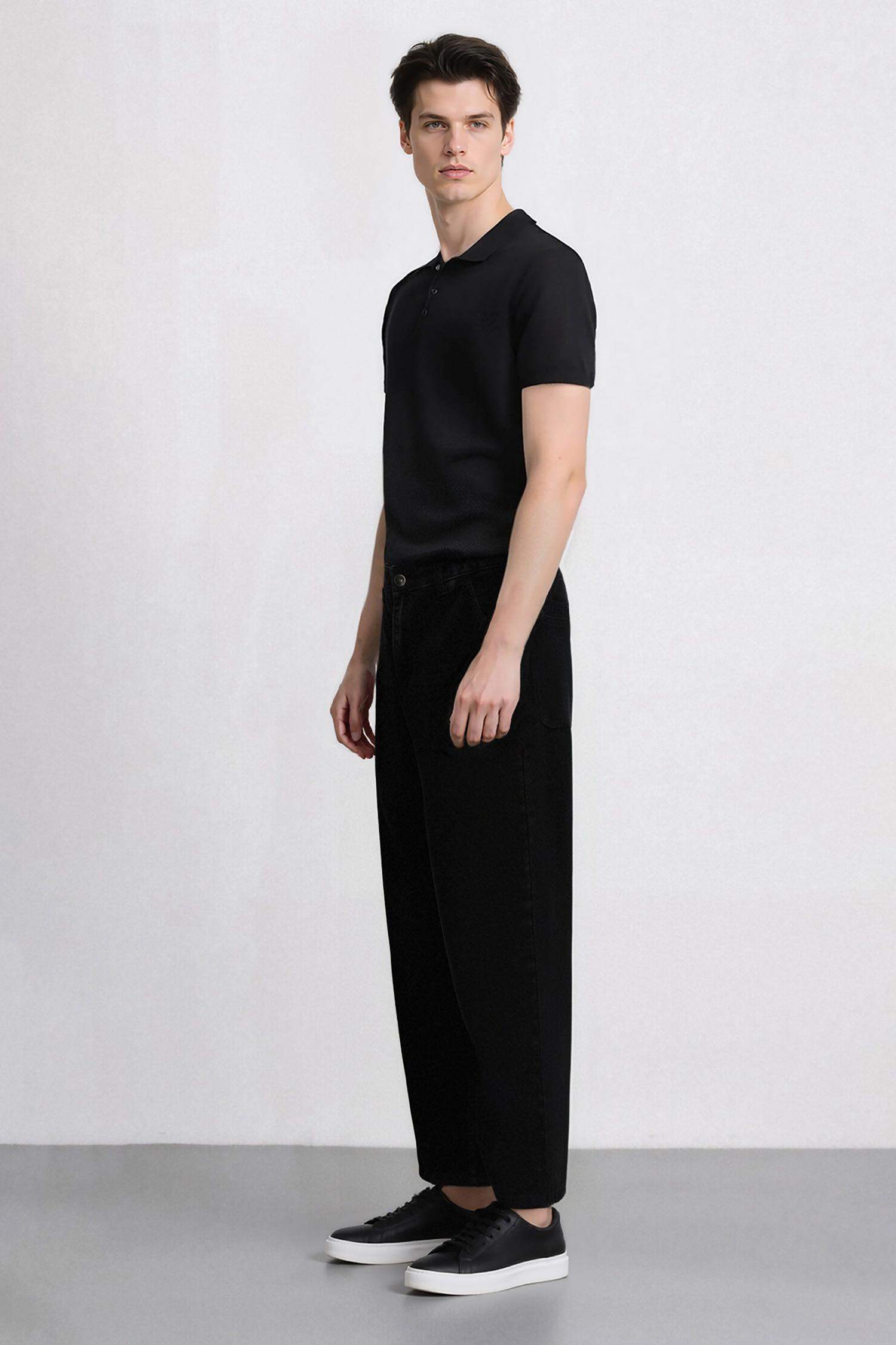 %100 Pamuk Skater Fit Geniş Kalıp Yüksek Bel Geniş Paça Siyah Jean Pantolon