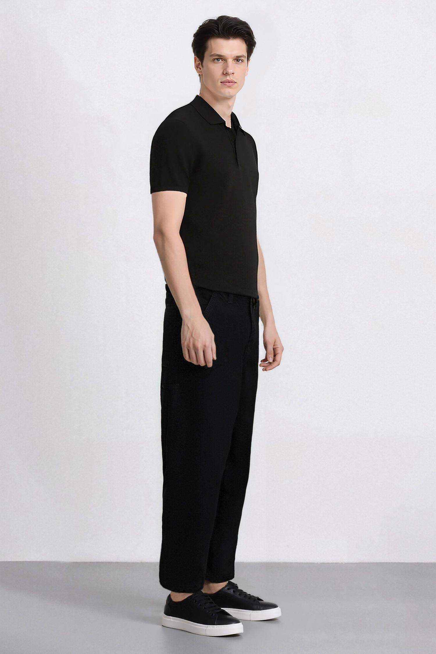 %100 Pamuk Skater Fit Geniş Kalıp Yüksek Bel Geniş Paça Siyah Jean Pantolon