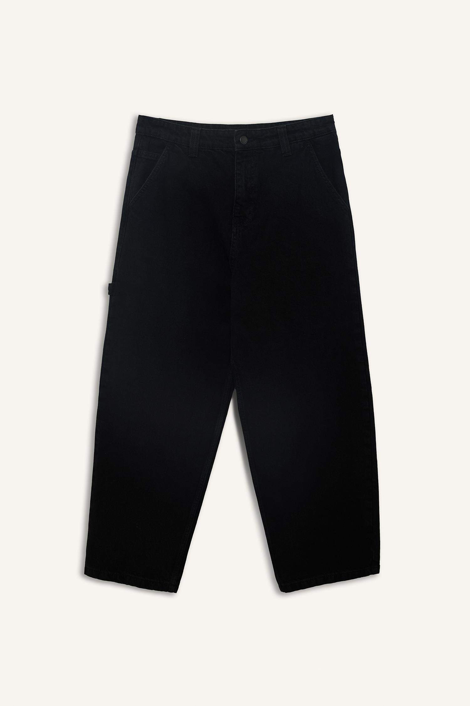 %100 Pamuk Skater Fit Geniş Kalıp Yüksek Bel Geniş Paça Siyah Jean Pantolon