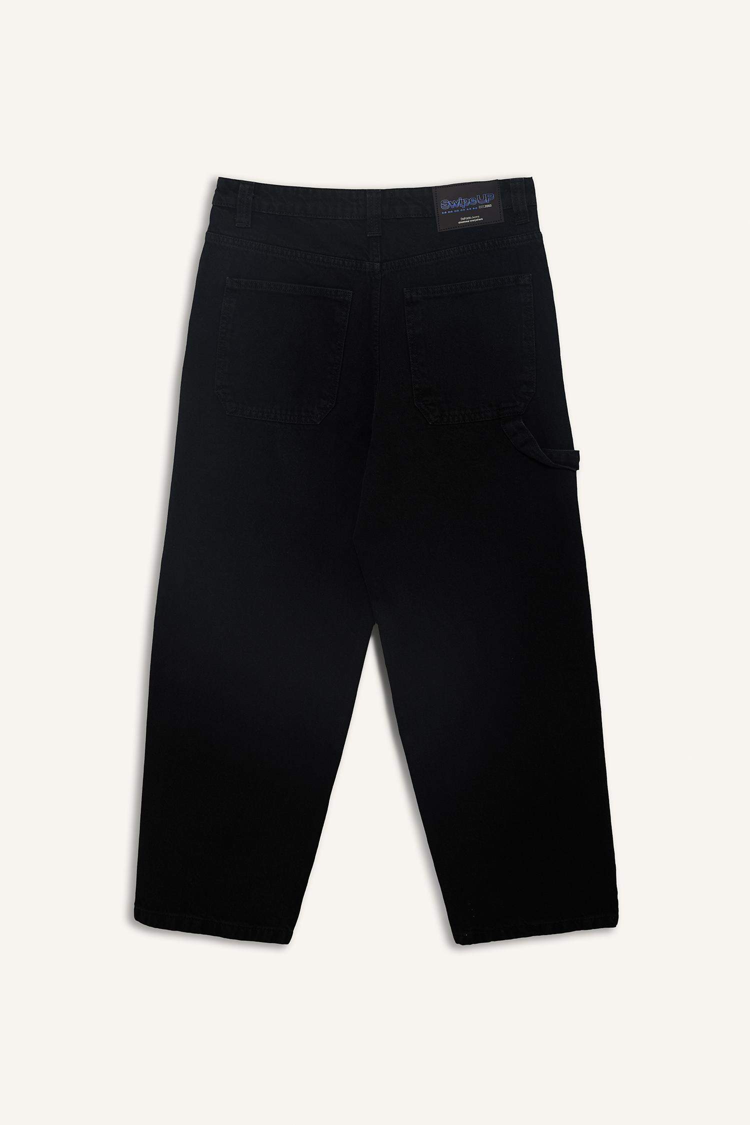 %100 Pamuk Skater Fit Geniş Kalıp Yüksek Bel Geniş Paça Siyah Jean Pantolon