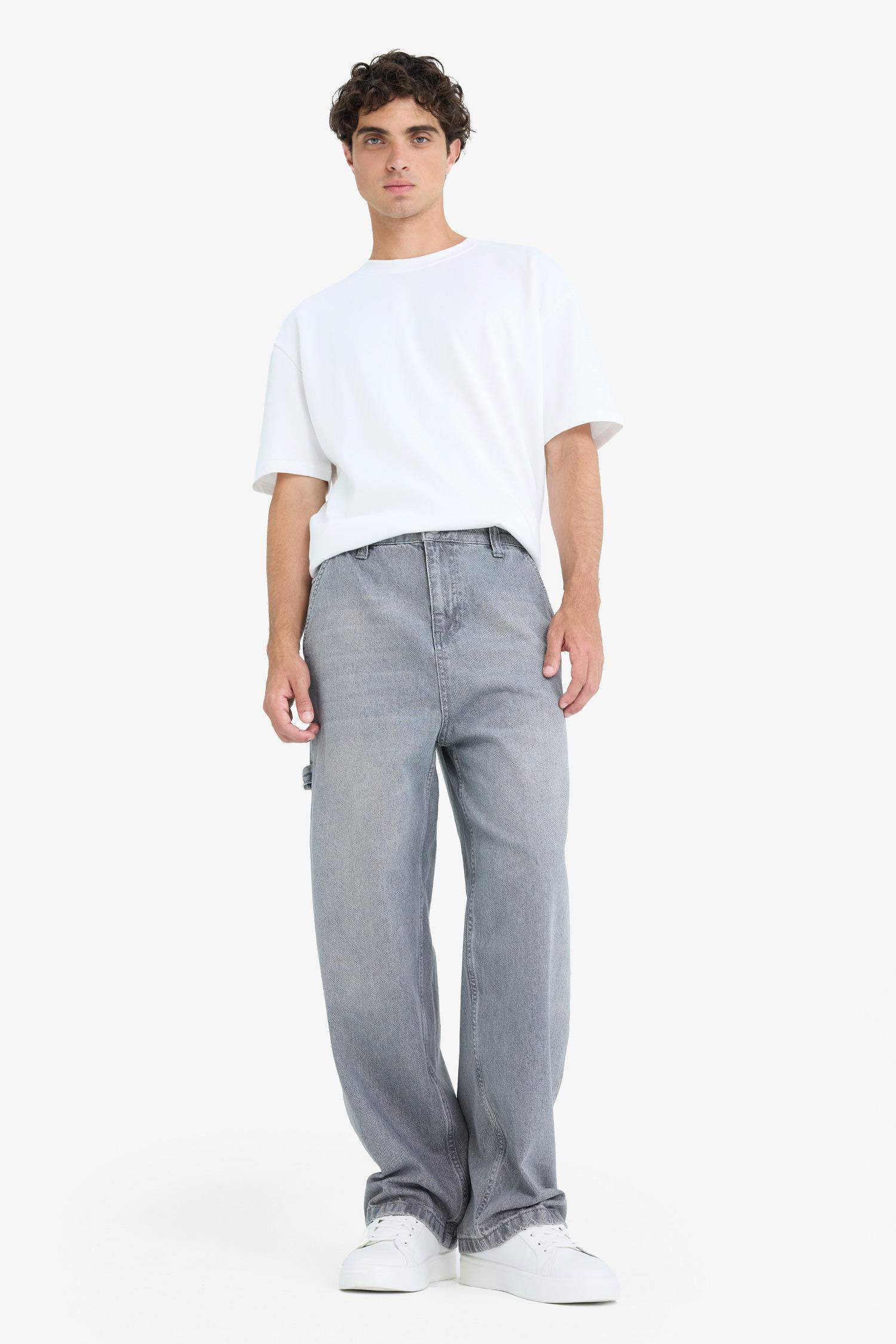 %100 Pamuk Skater Fit Geniş Kalıp Yüksek Bel Geniş Paça Jean Pantolon