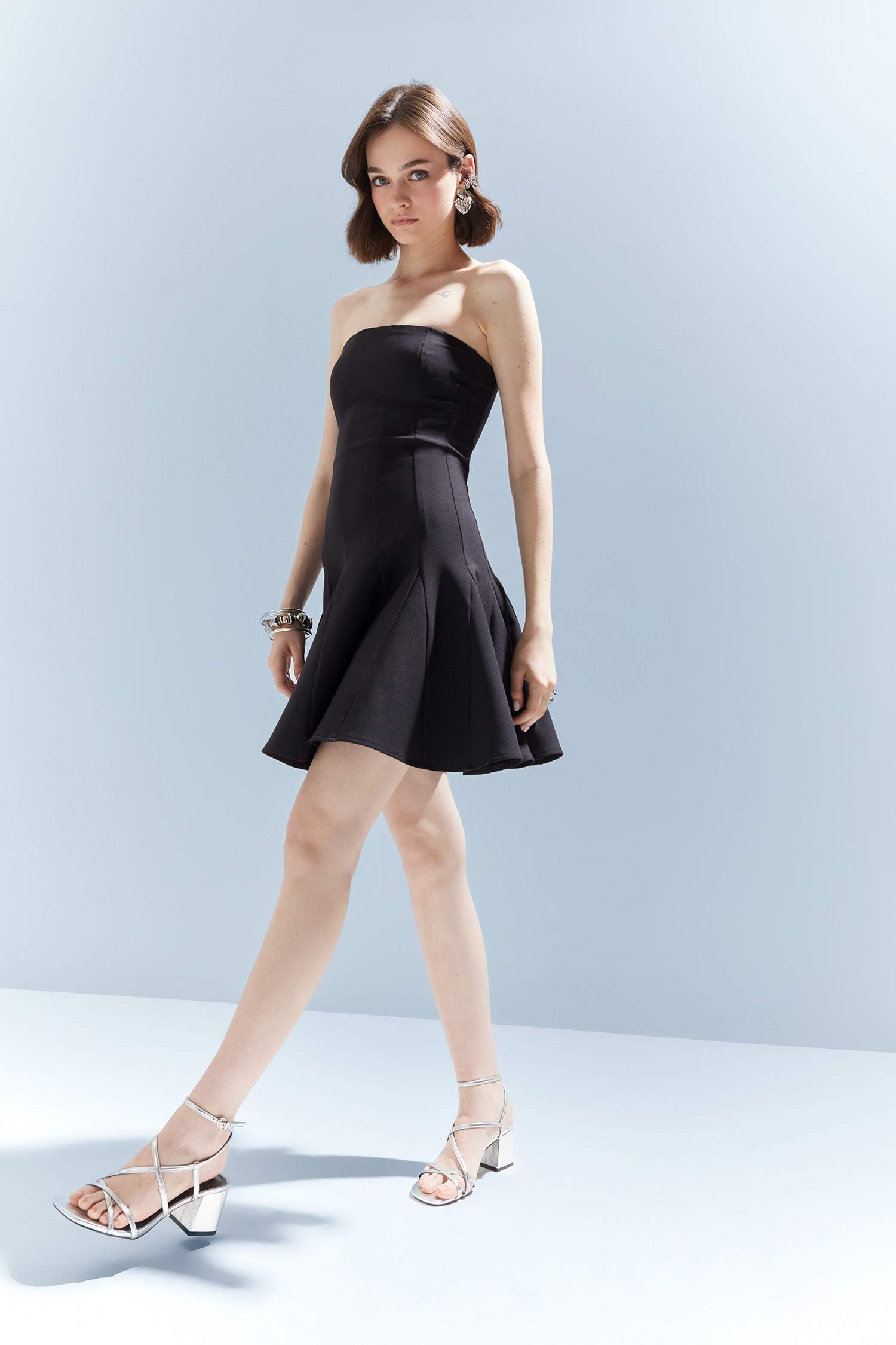 Skater Fit Strapless Bengalin Mini Black Dress