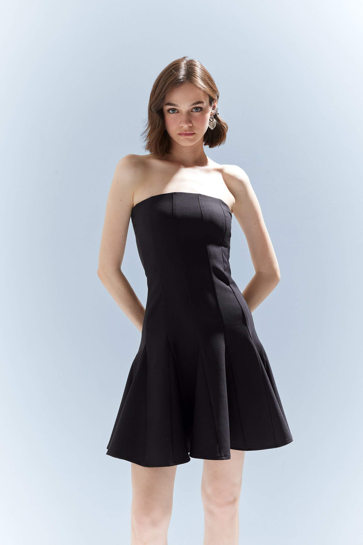 Skater Fit Strapless Bengalin Mini Black Dress