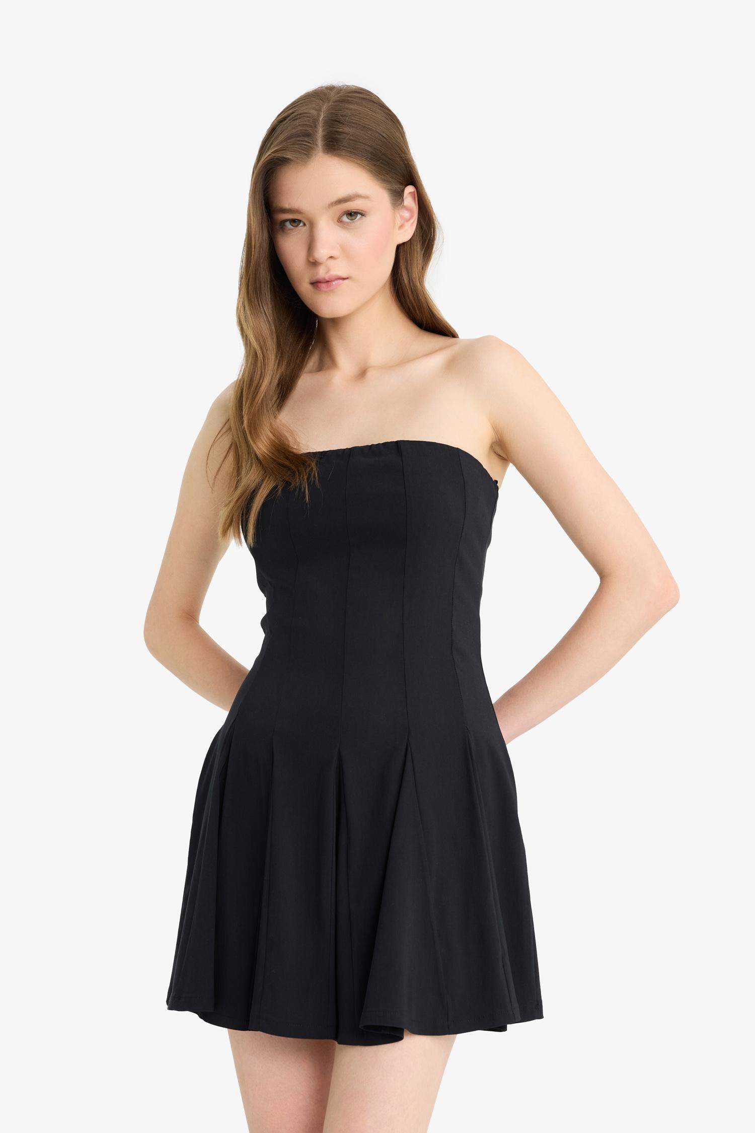 Skater Fit Strapless Bengalin Mini Black Dress