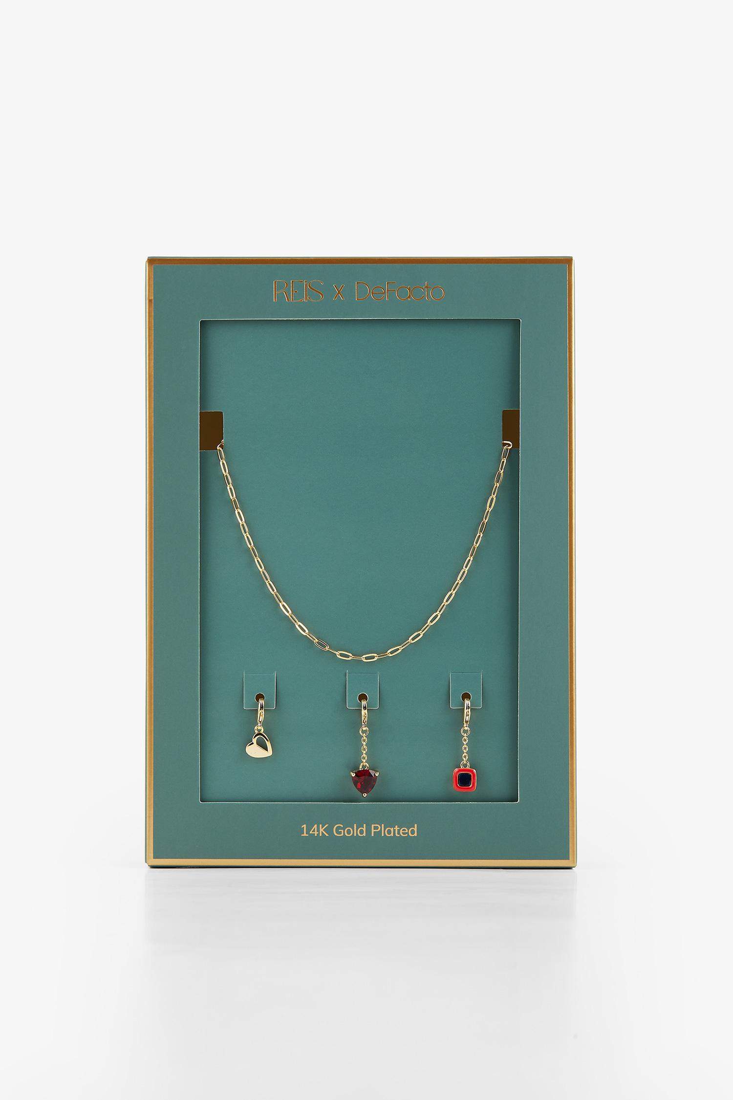 Reis x DeFacto Gold Plated Lover Charms Heart and Stone Gold Necklace