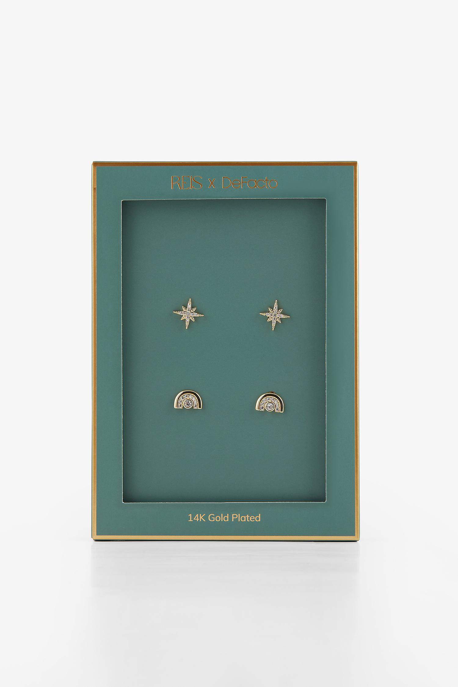 Reis x DeFacto 14 Ayar Altın Kaplama Stella Duo Kadın 2'li Yıldızlı ve Taşlı Gold Küpe