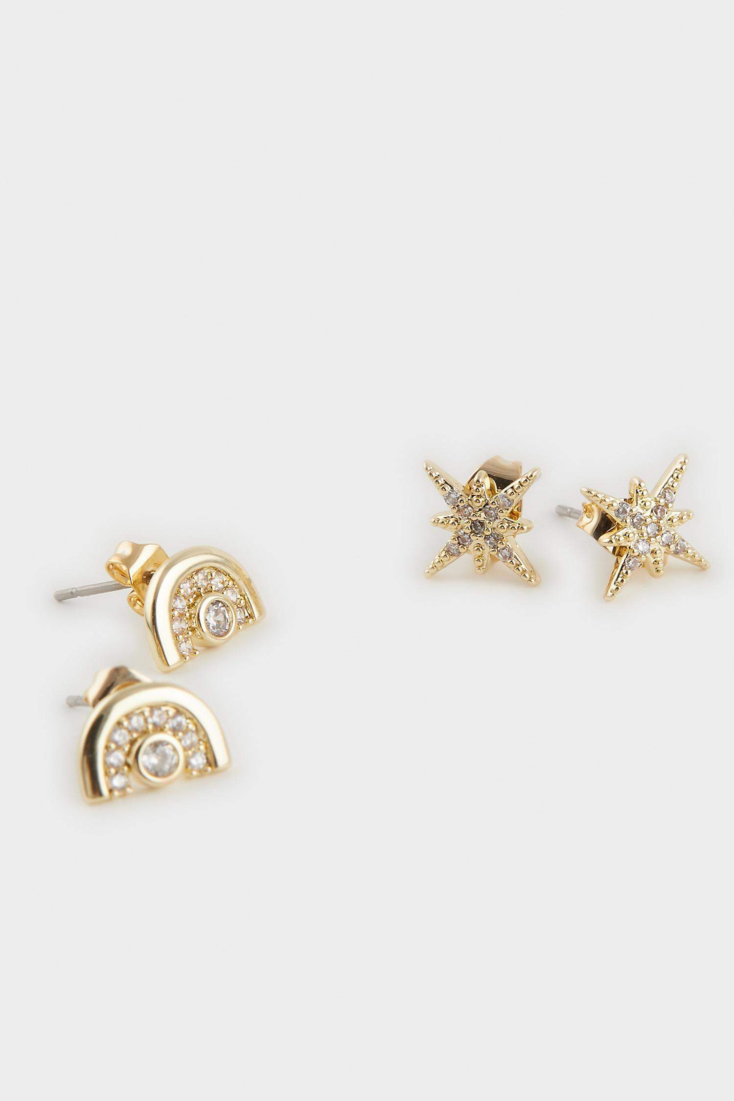 Reis x DeFacto 14 Ayar Altın Kaplama Stella Duo Kadın 2'li Yıldızlı ve Taşlı Gold Küpe
