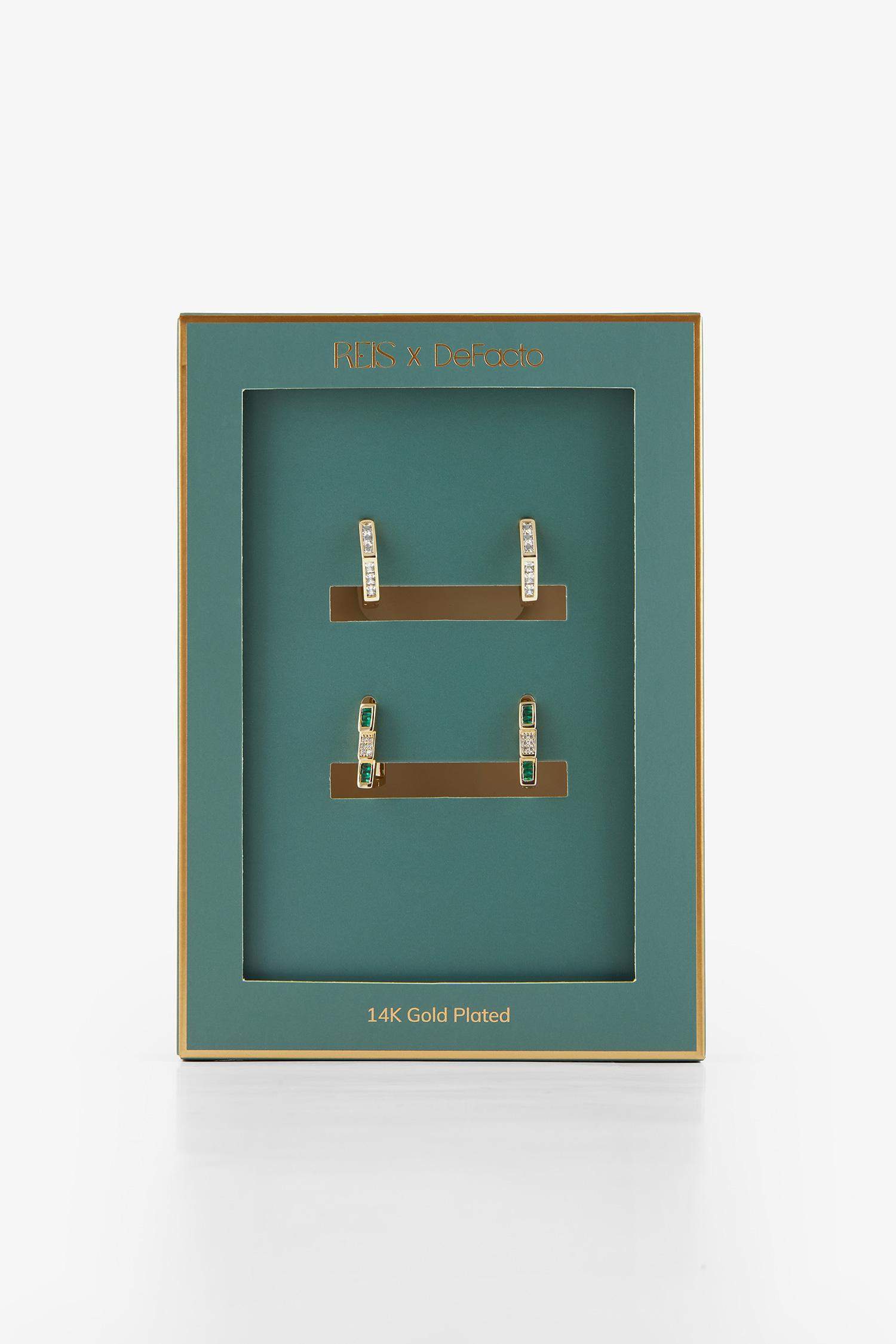 Reis x DeFacto 14 Ayar Altın Kaplama Grada Twin Kadın 2'li Zümrüt Yeşili Taşlı Gold Küpe