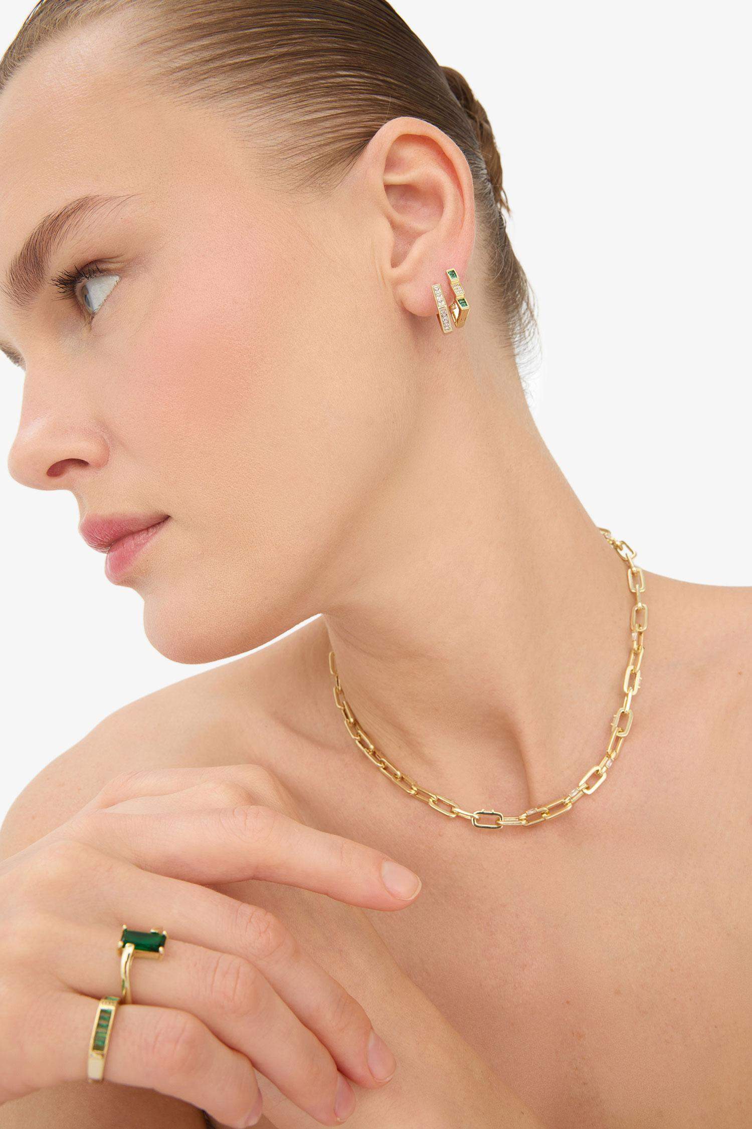 Reis x DeFacto 14 Ayar Altın Kaplama Grada Twin Kadın 2'li Zümrüt Yeşili Taşlı Gold Küpe