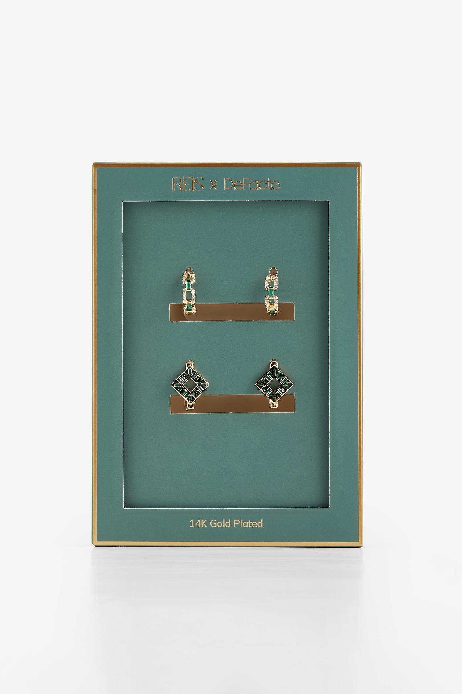 Reis x DeFacto 14 Ayar Altın Kaplama Mosaic Green Kadın 2'li Zümrüt Yeşili Taşlı Gold Küpe