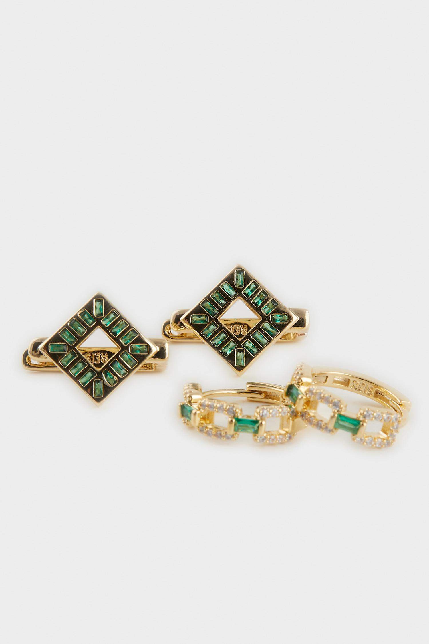 Reis x DeFacto 14 Ayar Altın Kaplama Mosaic Green Kadın 2'li Zümrüt Yeşili Taşlı Gold Küpe