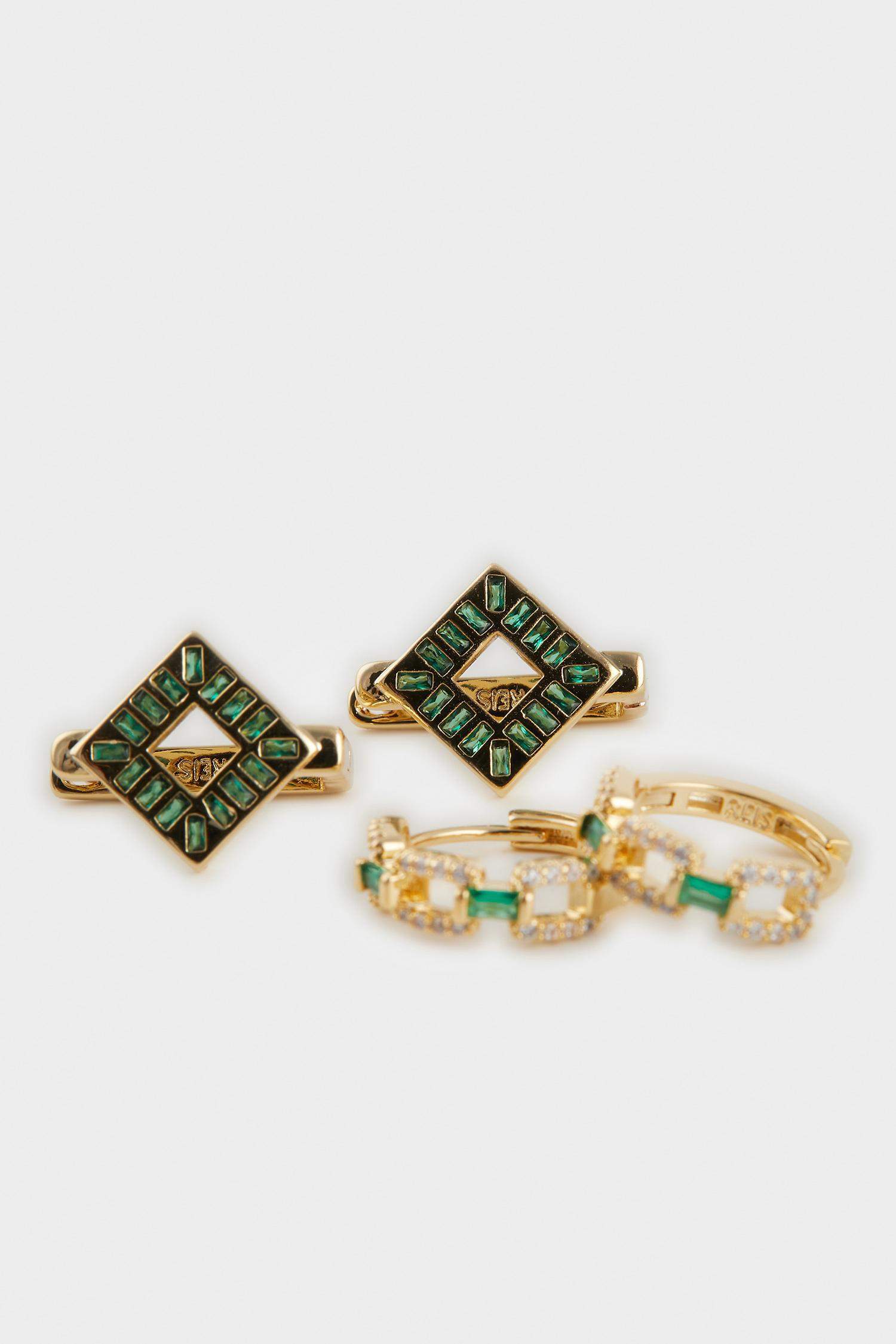Reis x DeFacto 14 Ayar Altın Kaplama Mosaic Green Kadın 2'li Zümrüt Yeşili Taşlı Gold Küpe