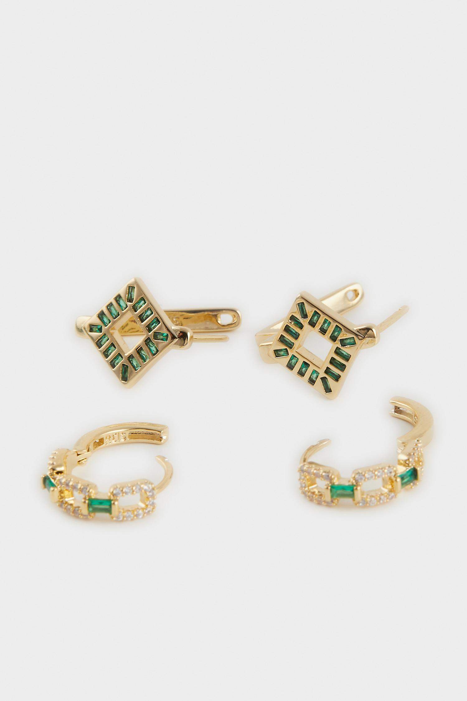 Reis x DeFacto 14 Ayar Altın Kaplama Mosaic Green Kadın 2'li Zümrüt Yeşili Taşlı Gold Küpe