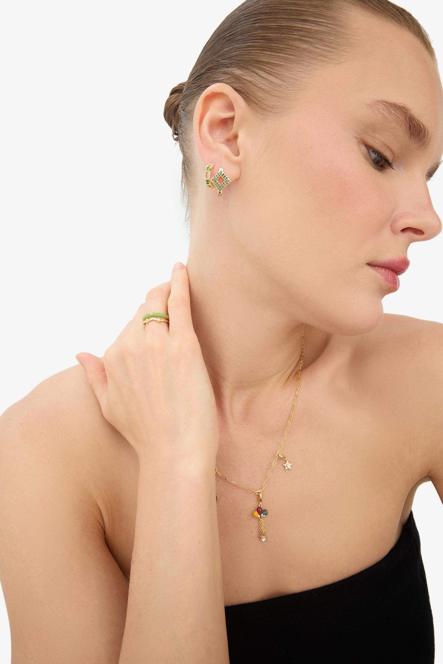 Reis x DeFacto 14 Ayar Altın Kaplama Mosaic Green Kadın 2'li Zümrüt Yeşili Taşlı Gold Küpe