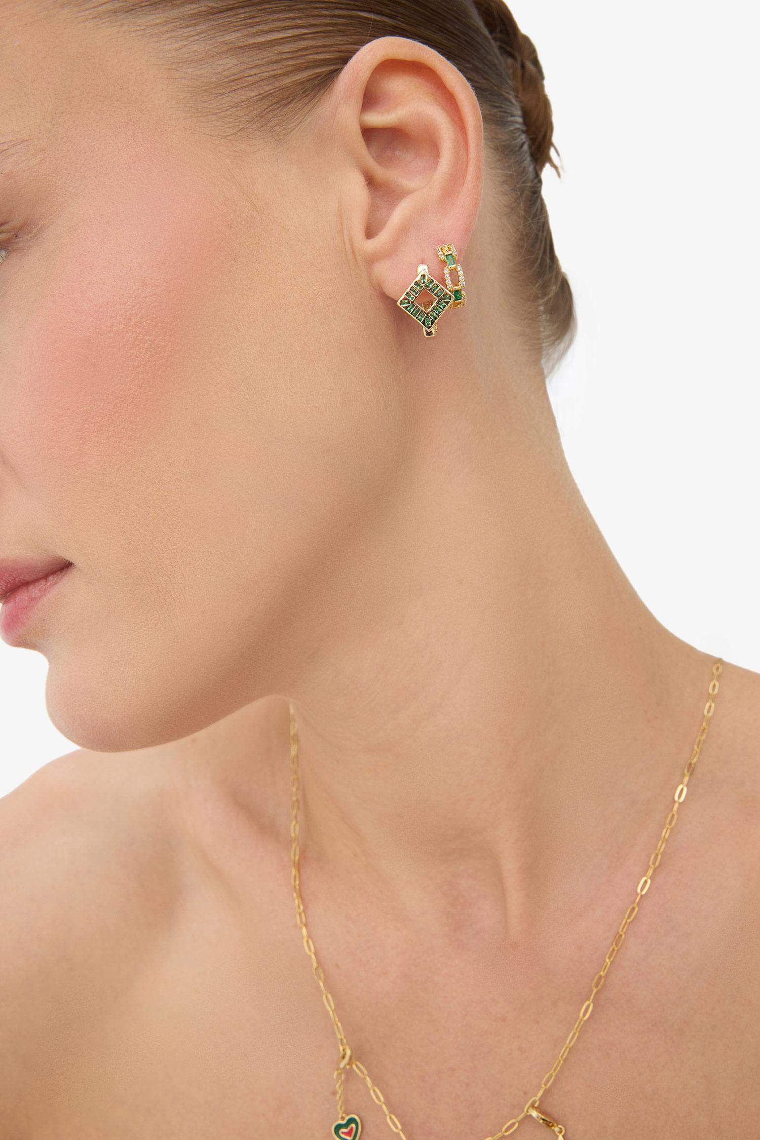 Reis x DeFacto 14 Ayar Altın Kaplama Mosaic Green Kadın 2'li Zümrüt Yeşili Taşlı Gold Küpe