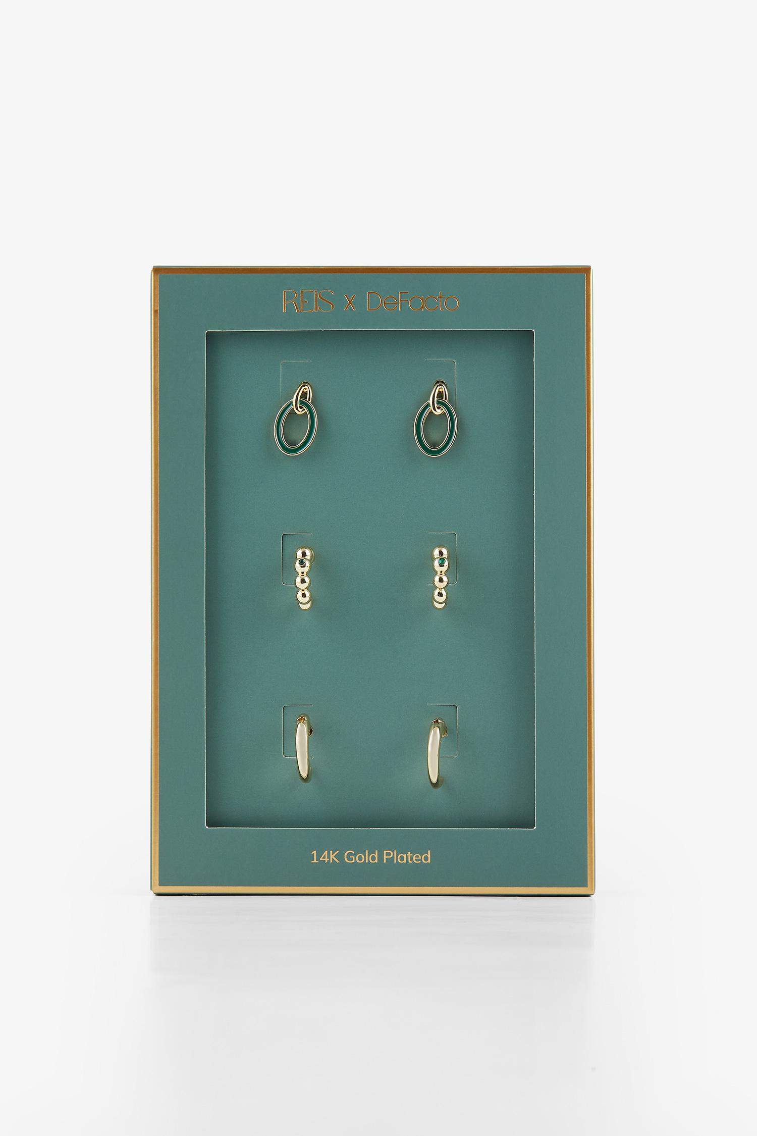 Reis x DeFacto 14 Ayar Altın Kaplama Green Triple Shine Kadın 3'lü Gold ve Yeşil Küpe