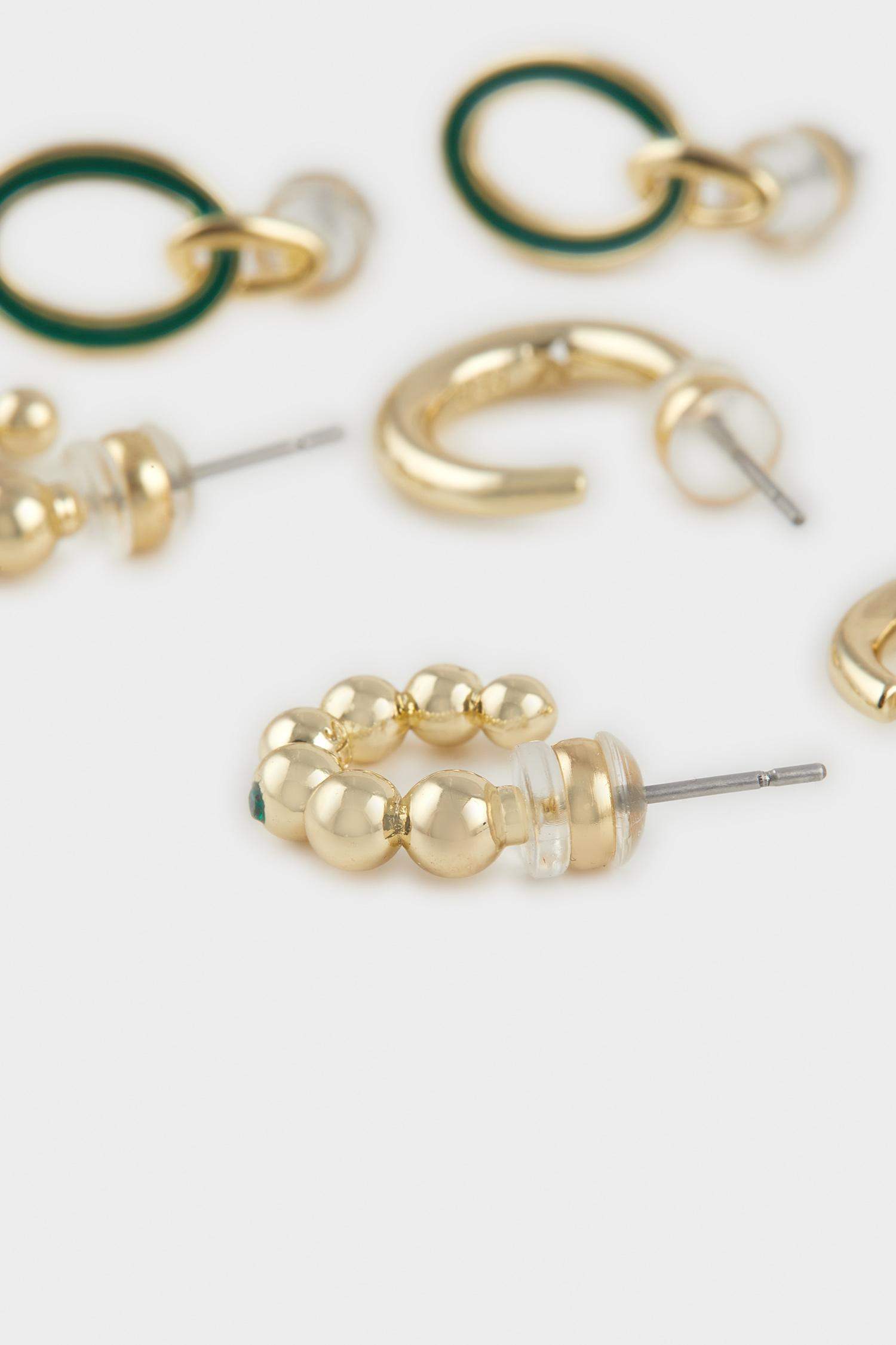 Reis x DeFacto 14 Ayar Altın Kaplama Green Triple Shine Kadın 3'lü Gold ve Yeşil Küpe