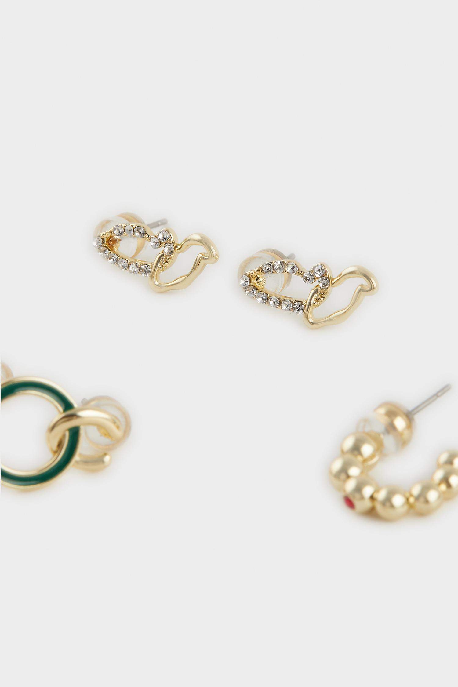 Reis x DeFacto 14 Ayar Altın Kaplama Luminous Butterfly Kadın 3'lü Gold ve Yeşil Küpe