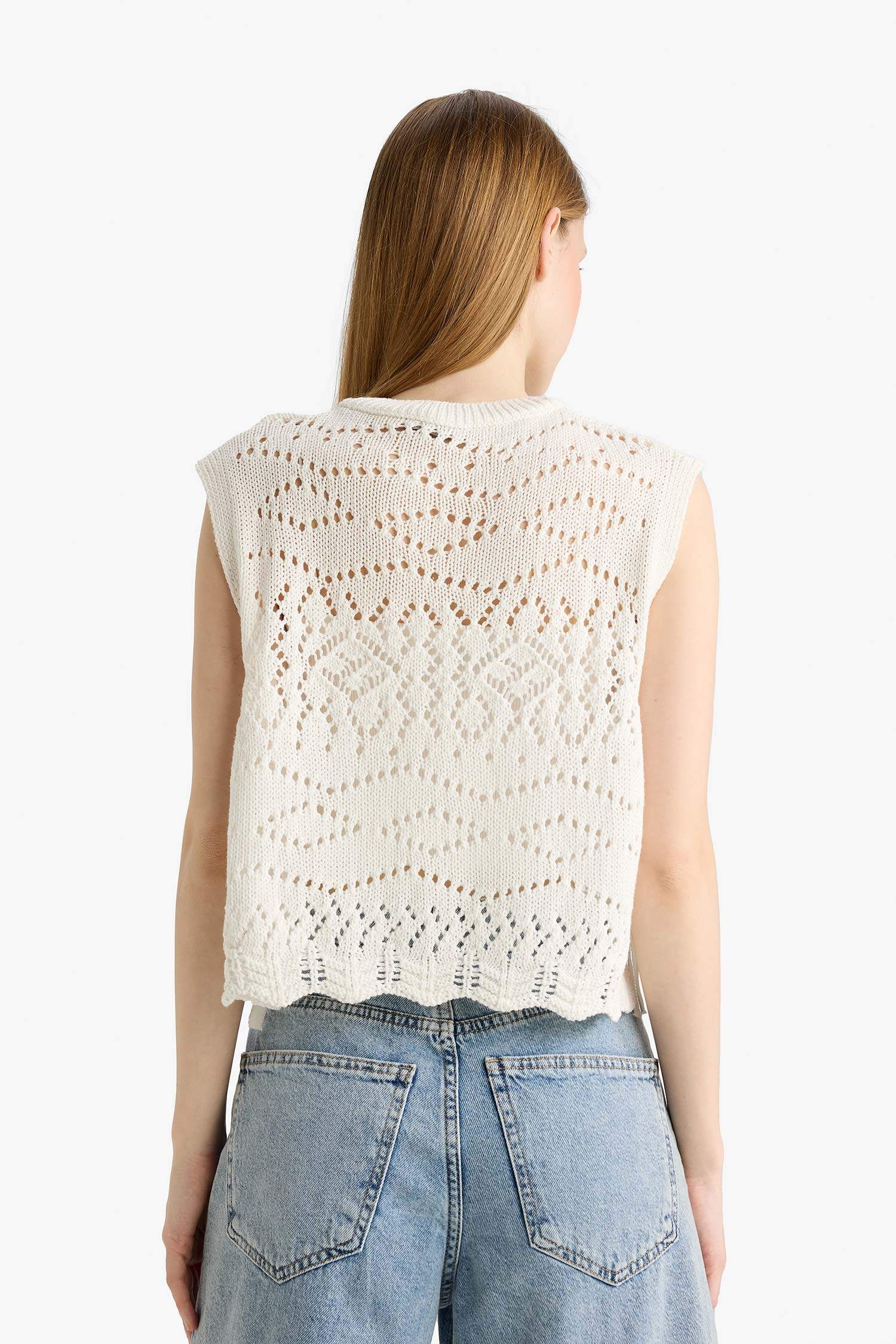 Slim Fit Dar Kesim Bisiklet Yaka Yan Bağcıklı Kroşe Süveter