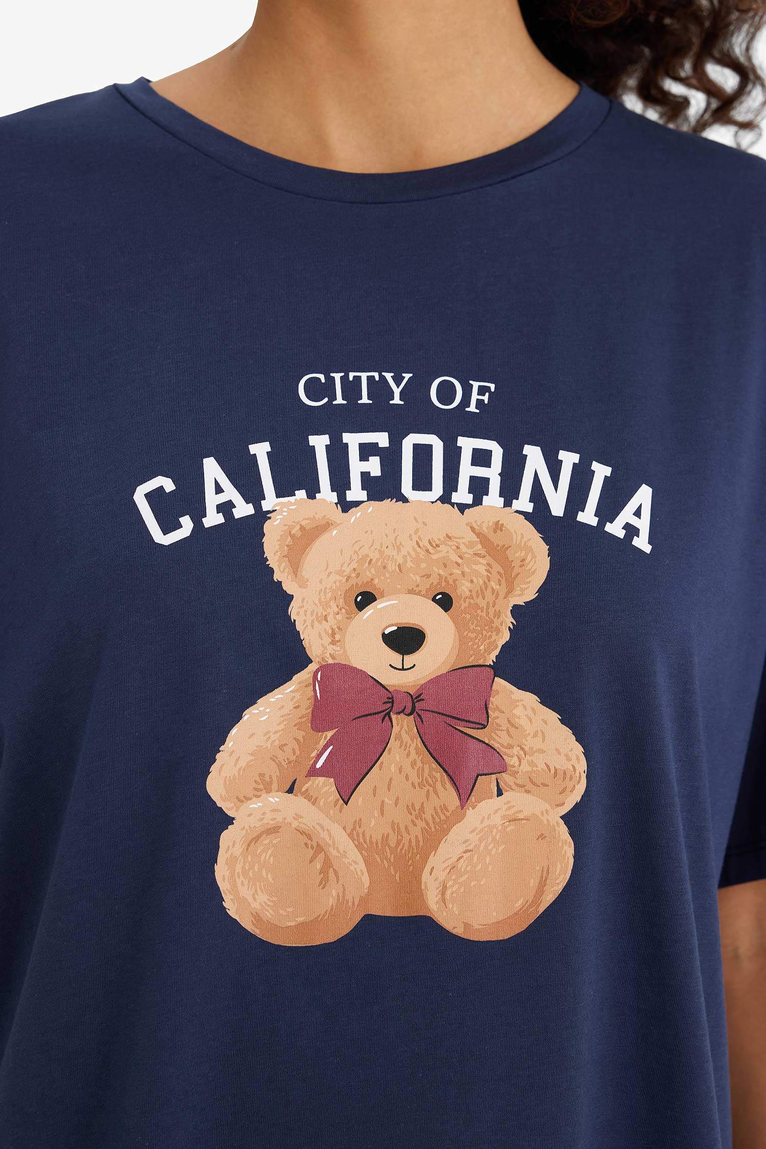 Regular Fit Pijama Takımı Ayıcık Baskılı Kısa Kollu Üst Kareli Alt-Fall in Love