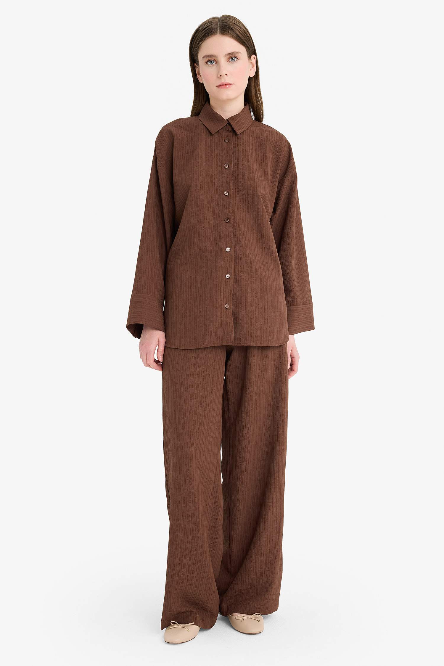 Relax Fit 2'li Takım Gofre Dokulu Uzun Kollu Gömlek Pantolon