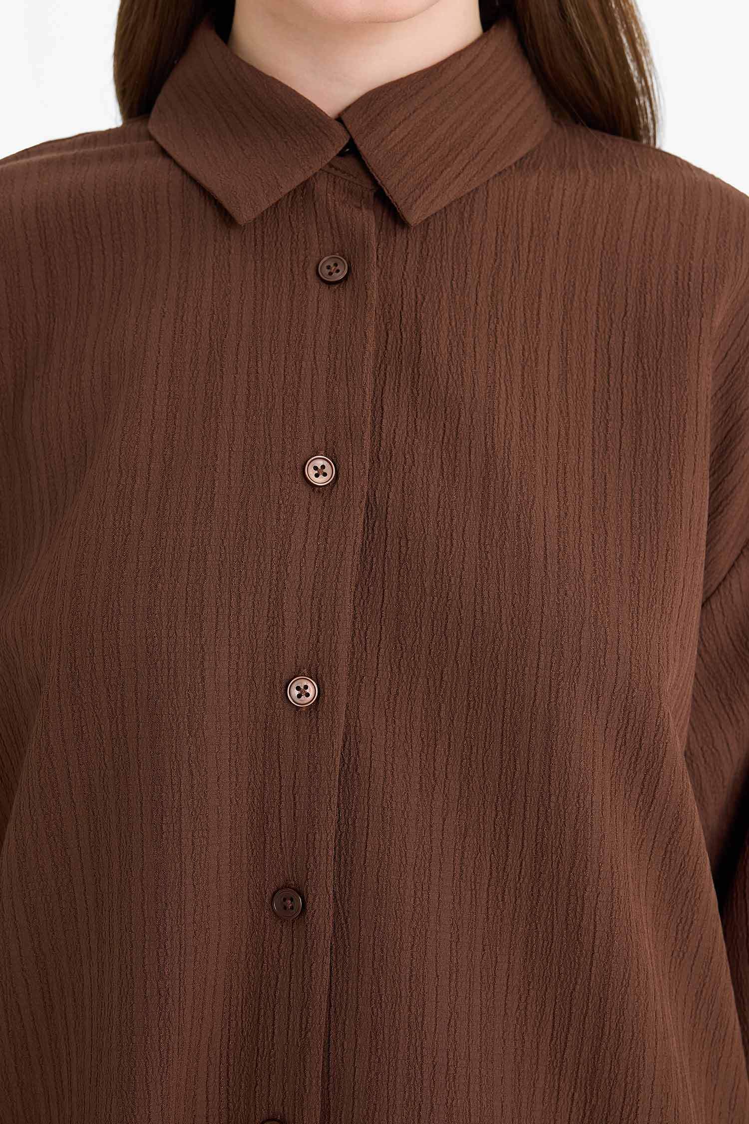 Relax Fit 2'li Takım Gofre Dokulu Uzun Kollu Gömlek Pantolon