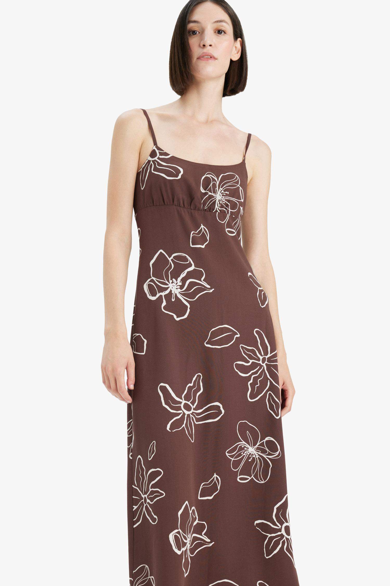 Patterned Linen Blend Floral Strappy Midi Dress