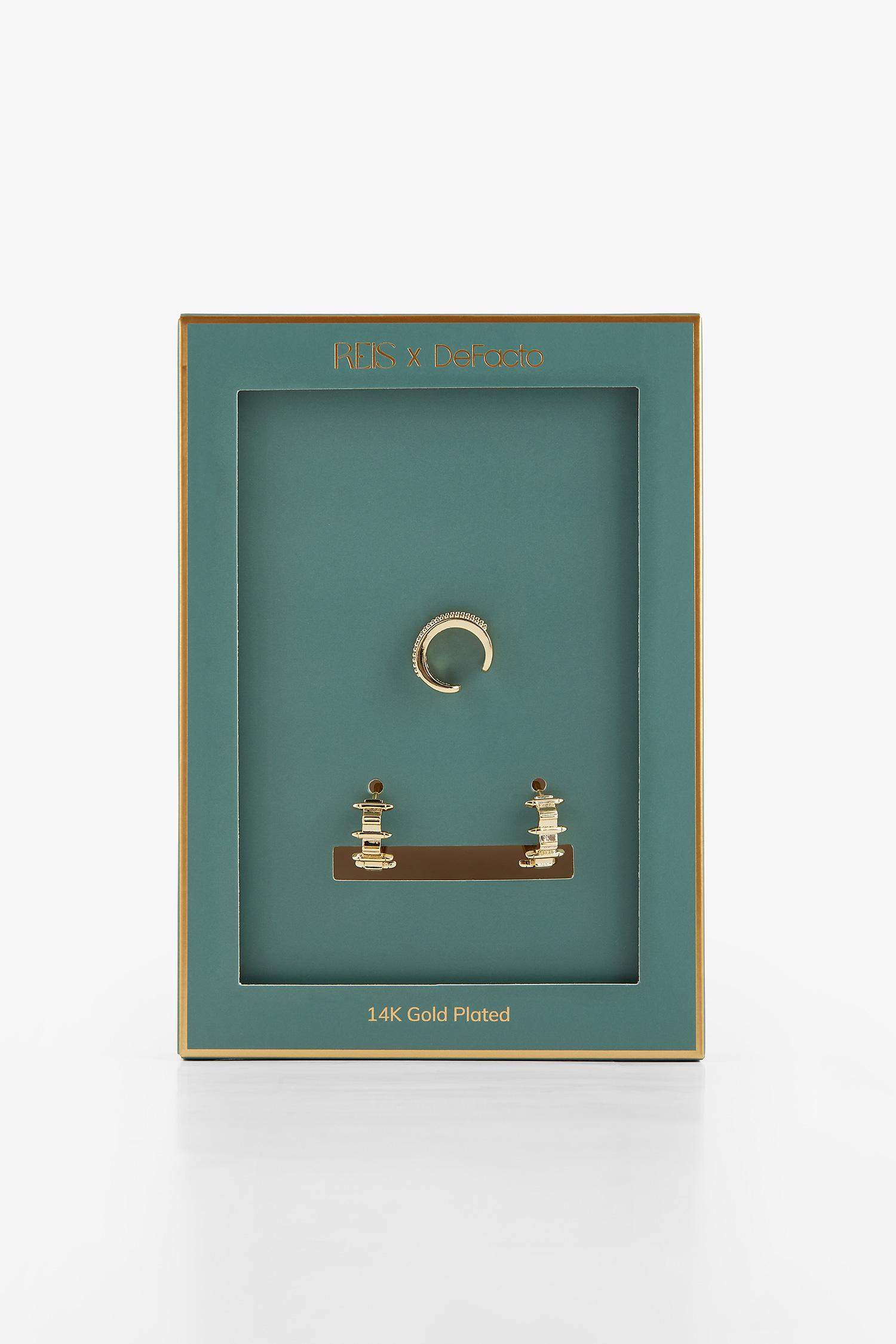 Reis x DeFacto 14 Ayar Altın Kaplama Brilla Duo Kadın 2'li Gold Küpe ve Kıkırdak Küpesi