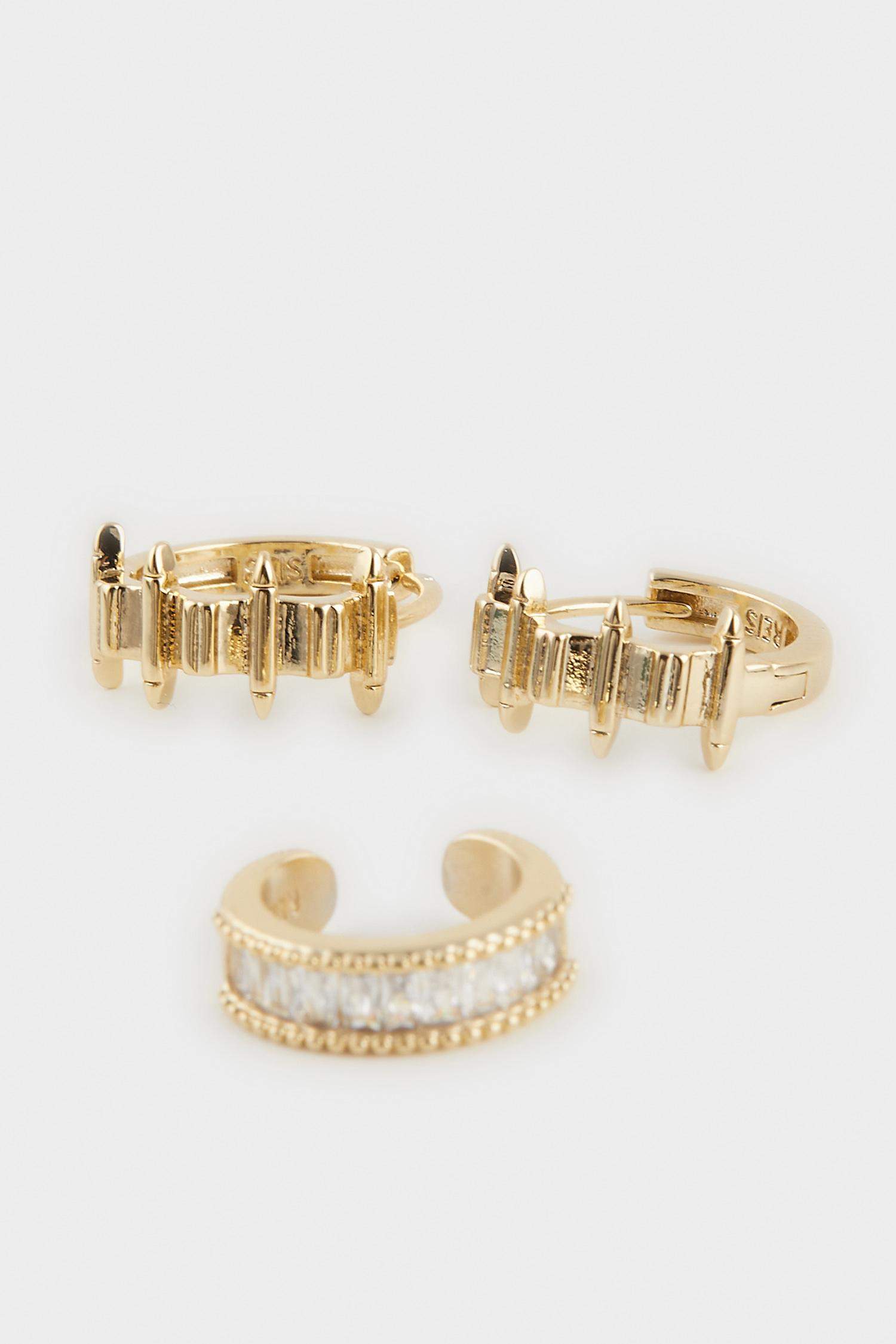 Reis x DeFacto 14 Ayar Altın Kaplama Brilla Duo Kadın 2'li Gold Küpe ve Kıkırdak Küpesi