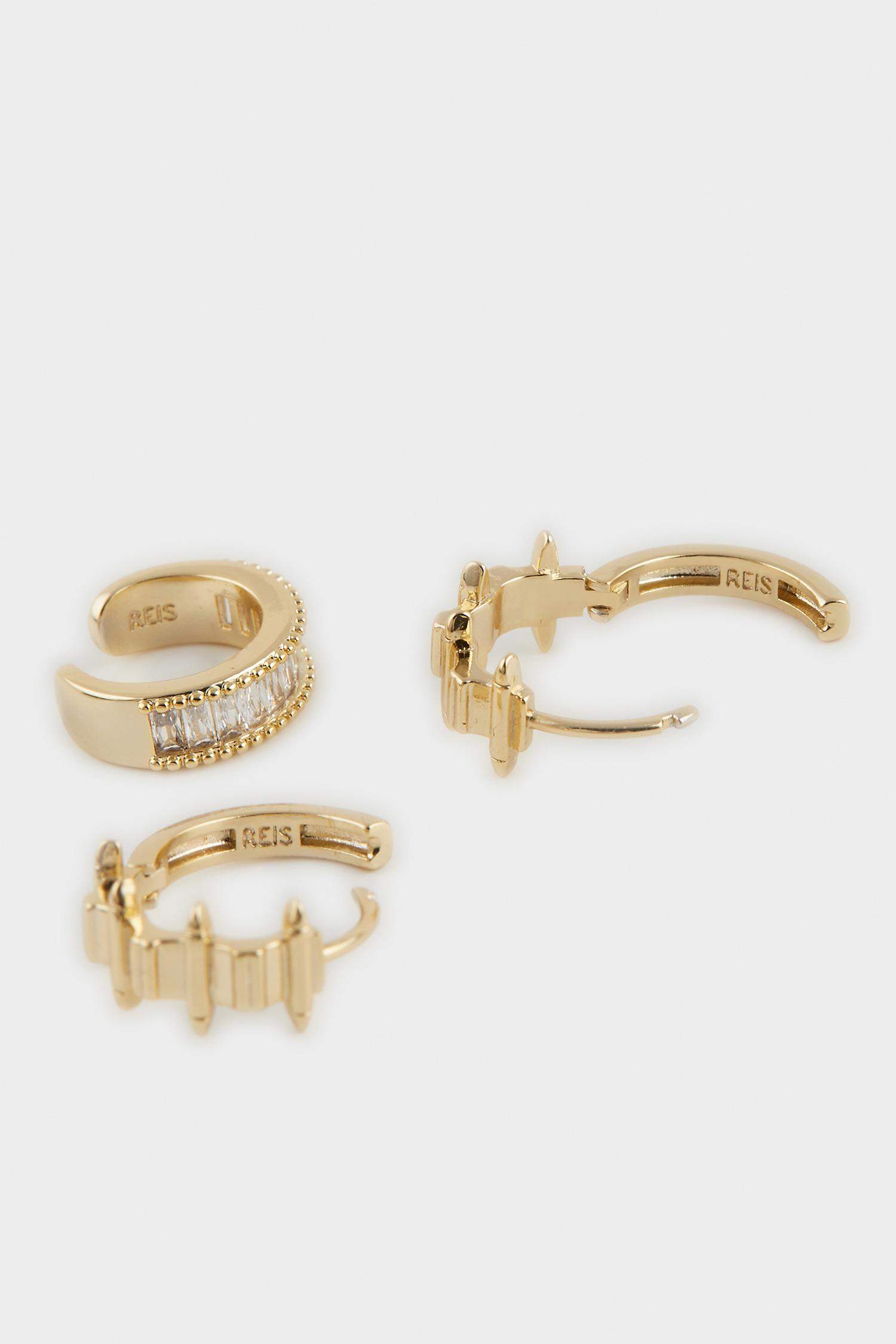 Reis x DeFacto 14 Ayar Altın Kaplama Brilla Duo Kadın 2'li Gold Küpe ve Kıkırdak Küpesi