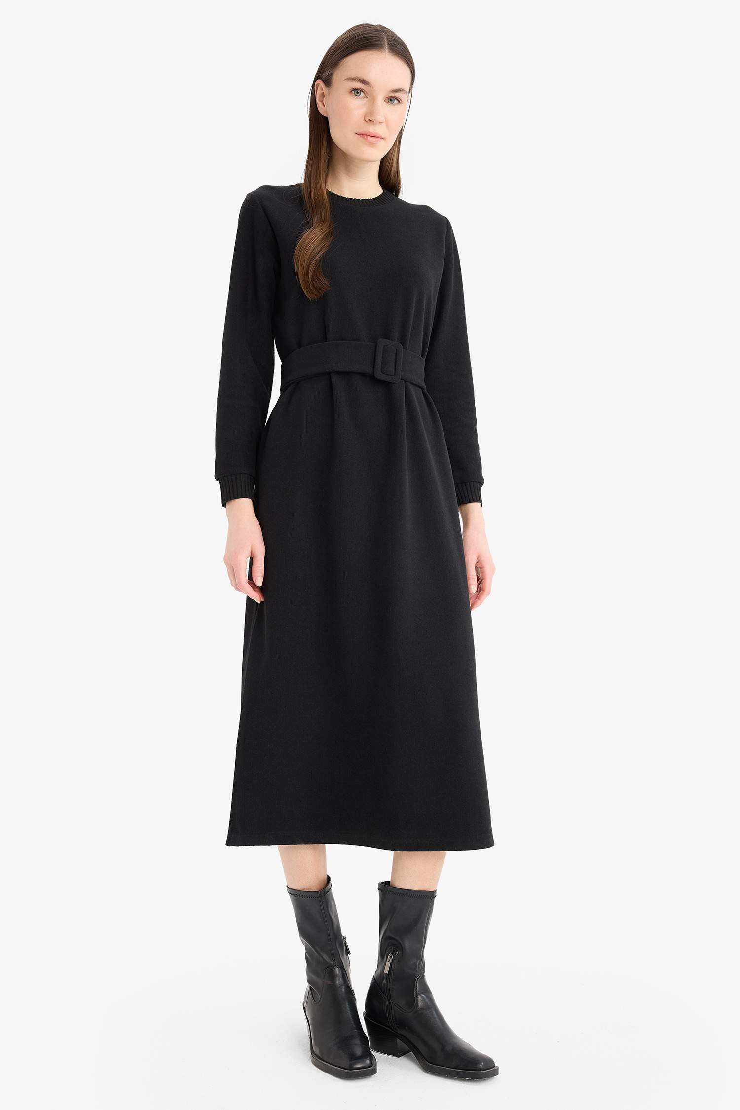 Bisiklet Yaka Basic Düz Selanik Kumaş Uzun Kollu Midi Elbise