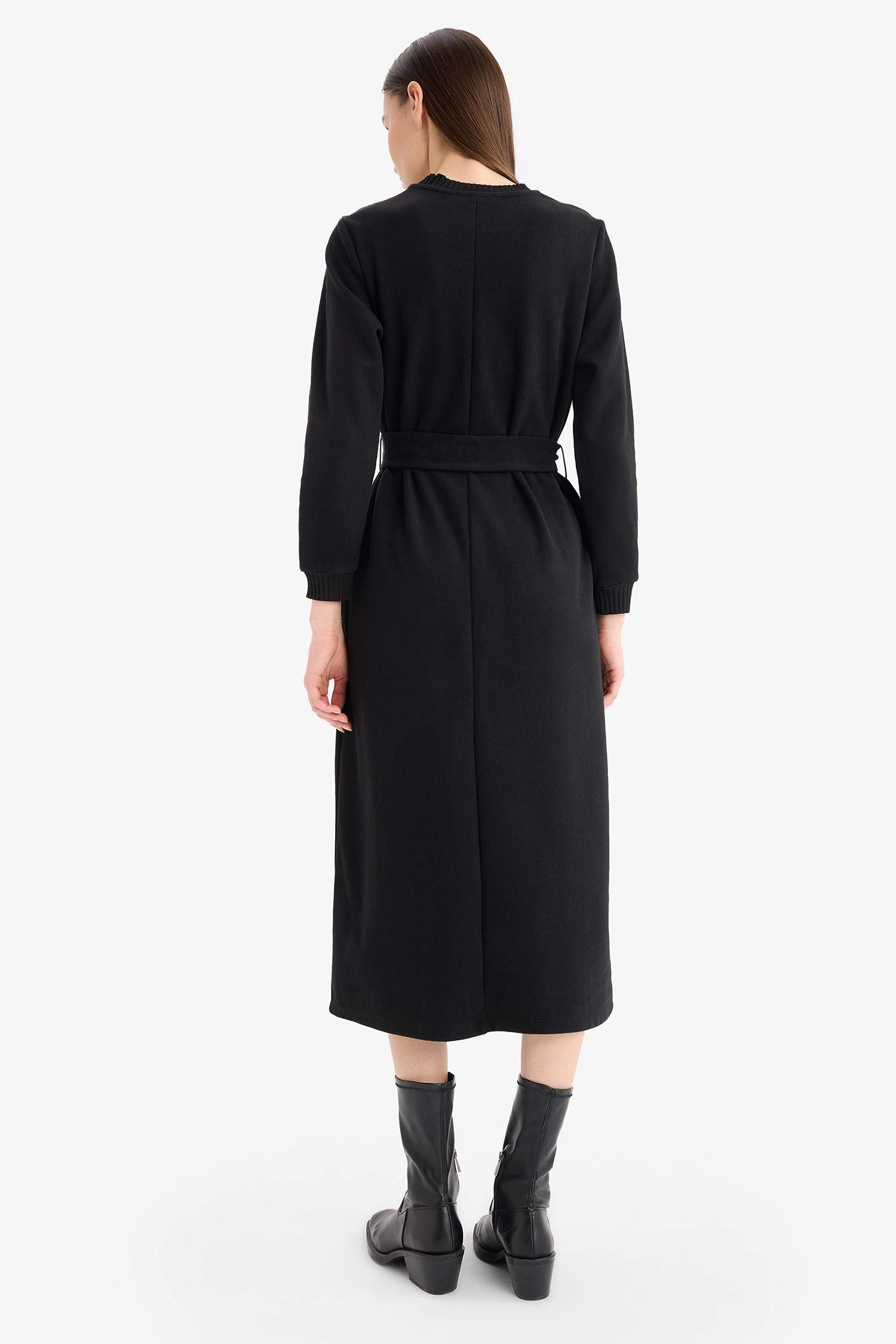 Bisiklet Yaka Basic Düz Selanik Kumaş Uzun Kollu Midi Elbise