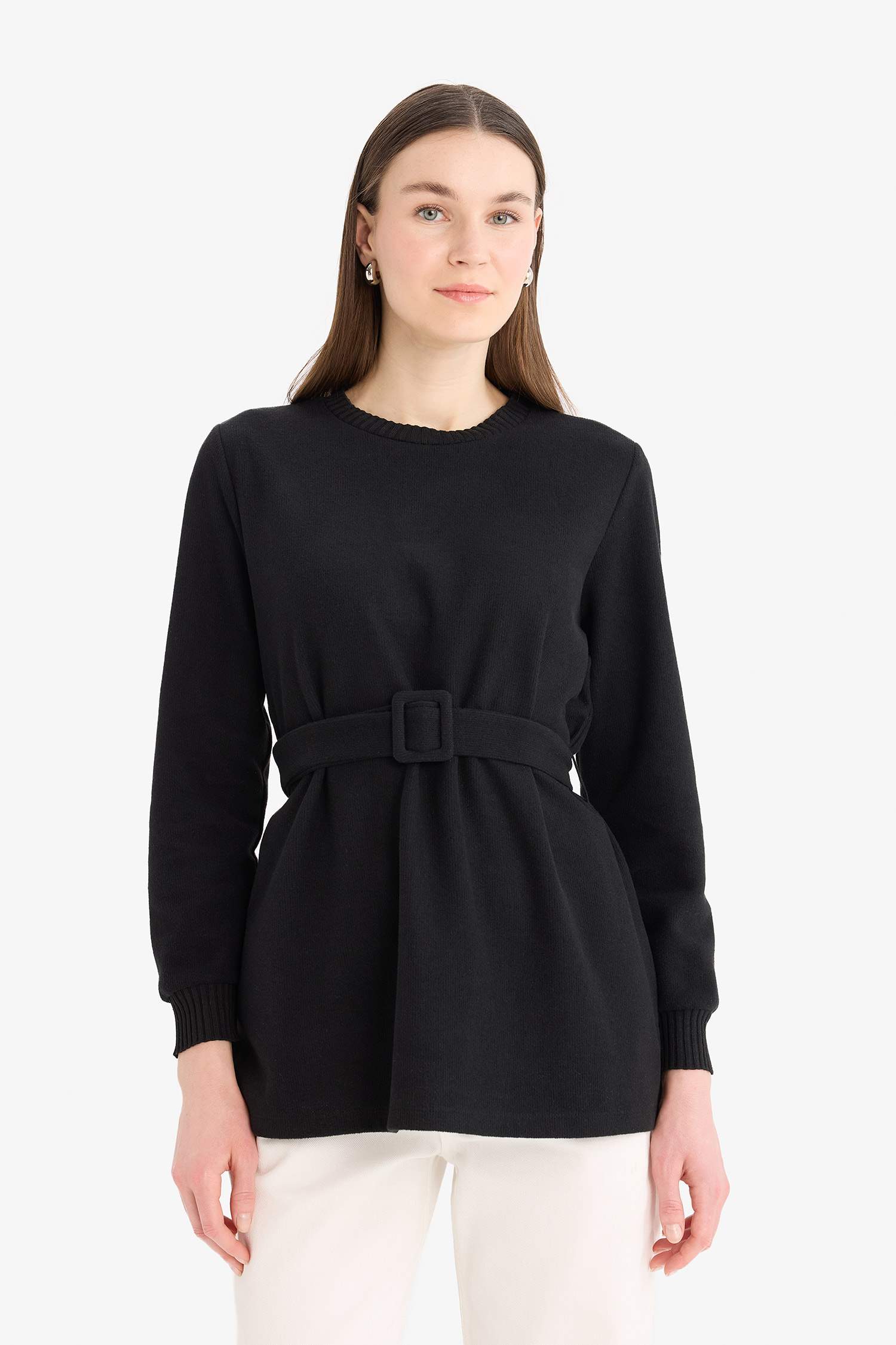 Regular Fit Bisiklet Yaka İçi Yumuşak Tüylü Selanik Kumaş Uzun Kollu Tunik